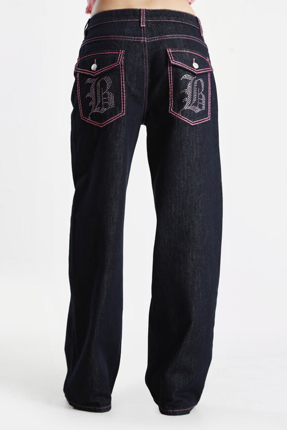 Baggy Fit Jeans - Dunkelblau + Rosa