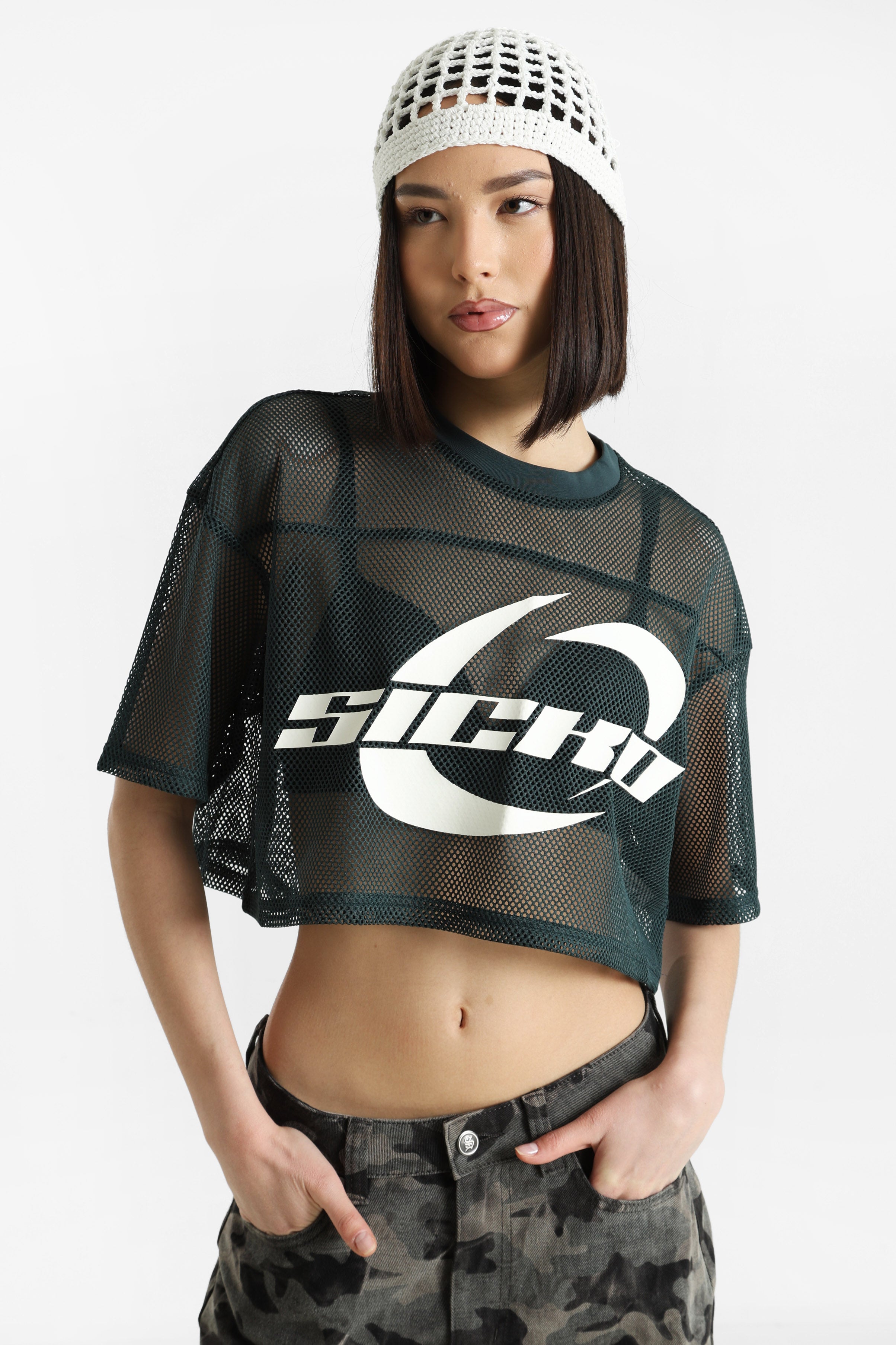 Crop Mesh T-Shirt - Grün