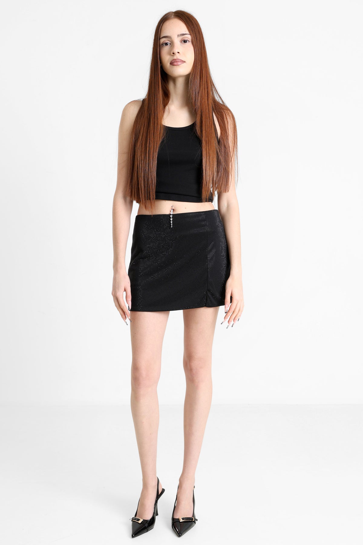 Mini skirt adorned with rhinestones with integrated shorts - Black