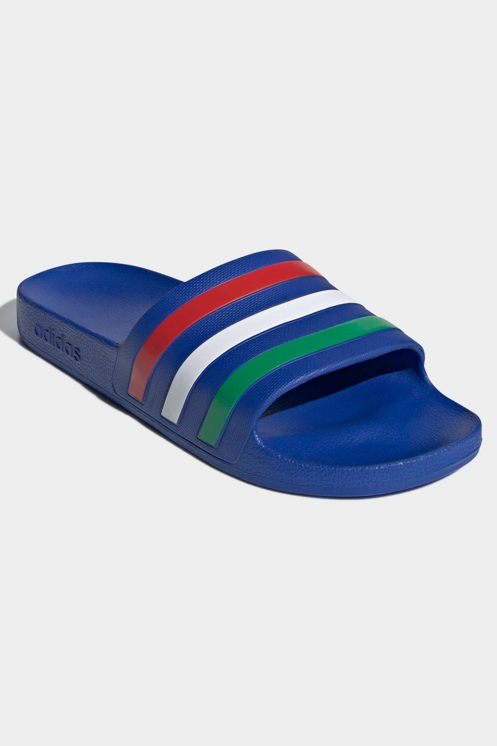 Adilette Aqua Pantoletten - Bold Blue + Green + Footwear White