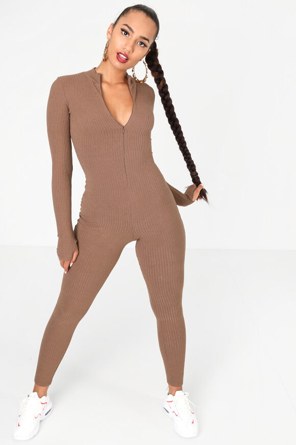 Combinaison longue à côtes - Marron