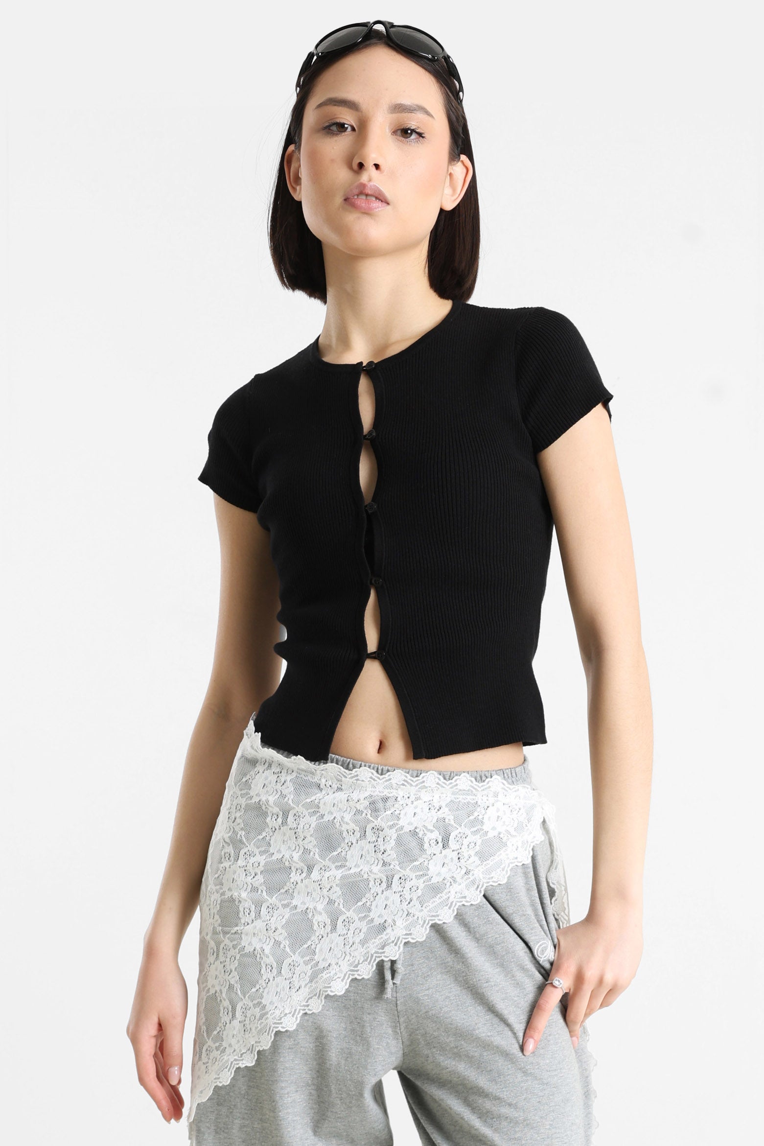 Geripptes Crop T-Shirt - Schwarz