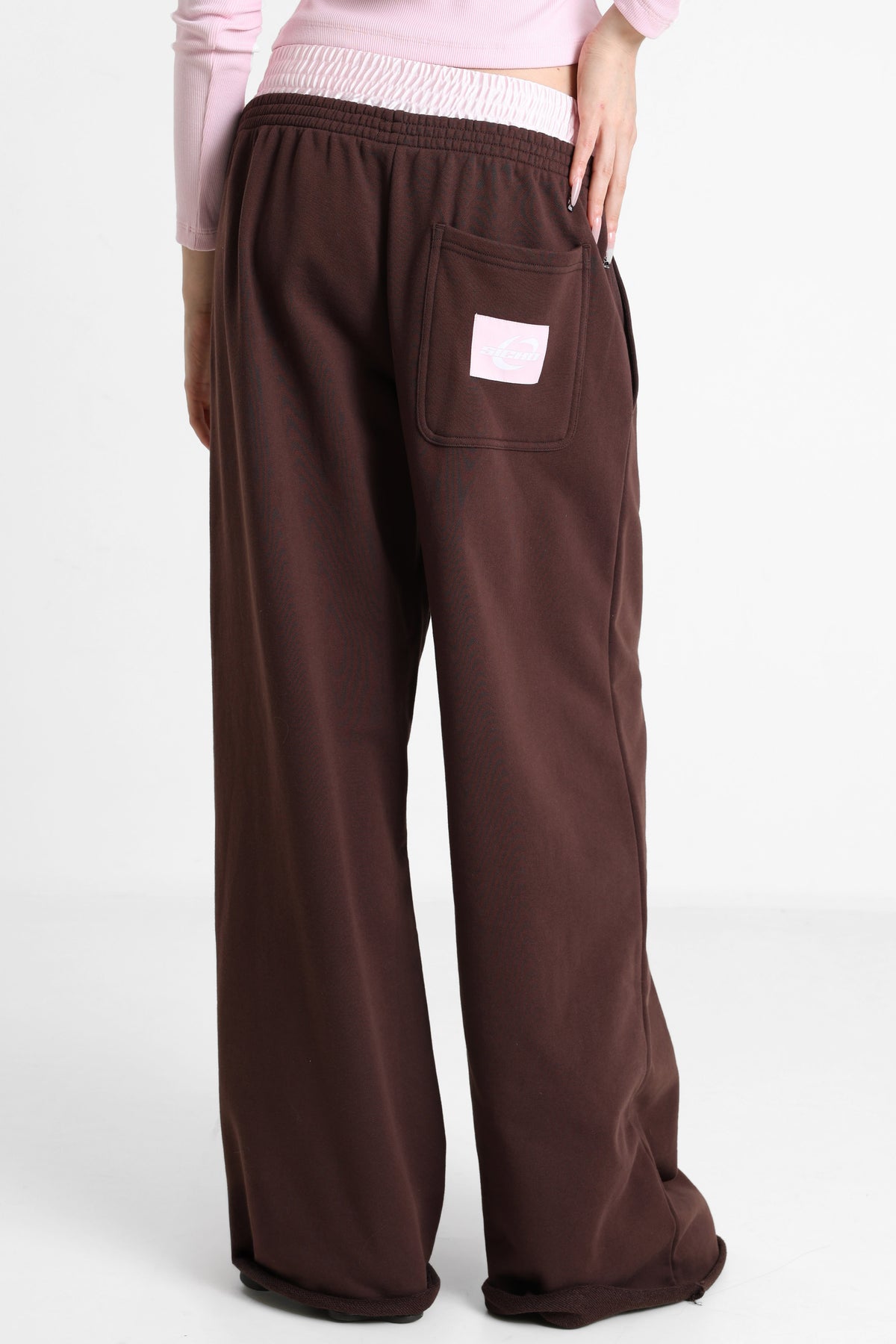 Wide Leg Sweathose - Dunkelbraun + Rosa