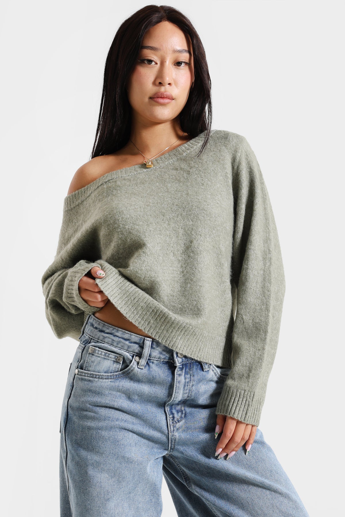 Off-shoulder knitted sweater - Heather khaki