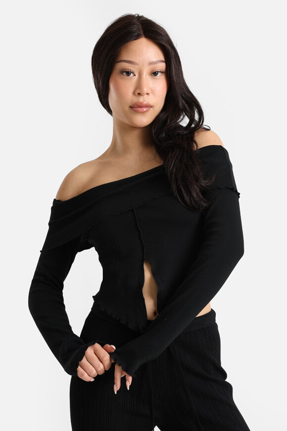 Off Shoulder Crop Long Sleeve Shirt - Black