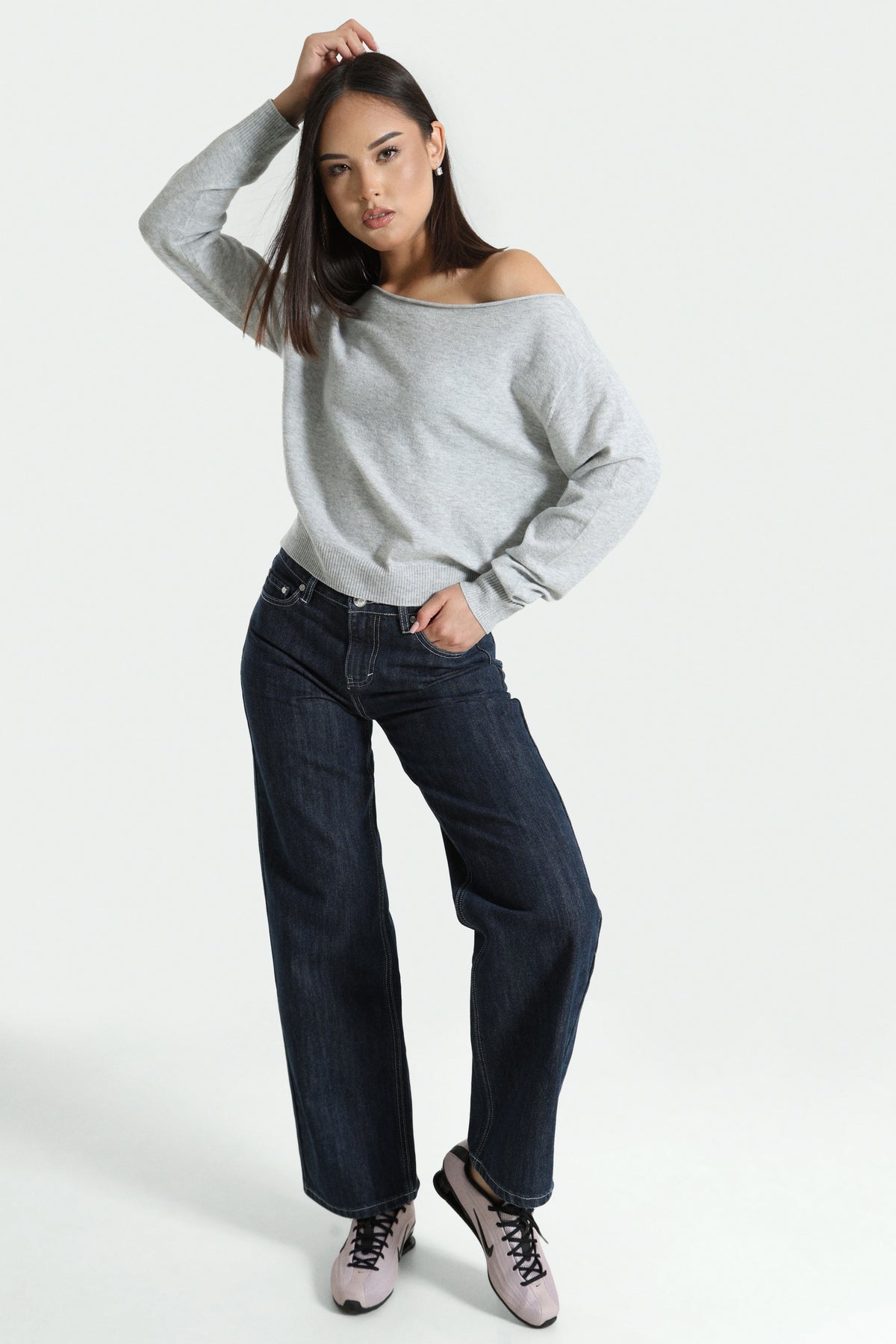 Pull off shoulder en tricot fin - Gris clair chiné
