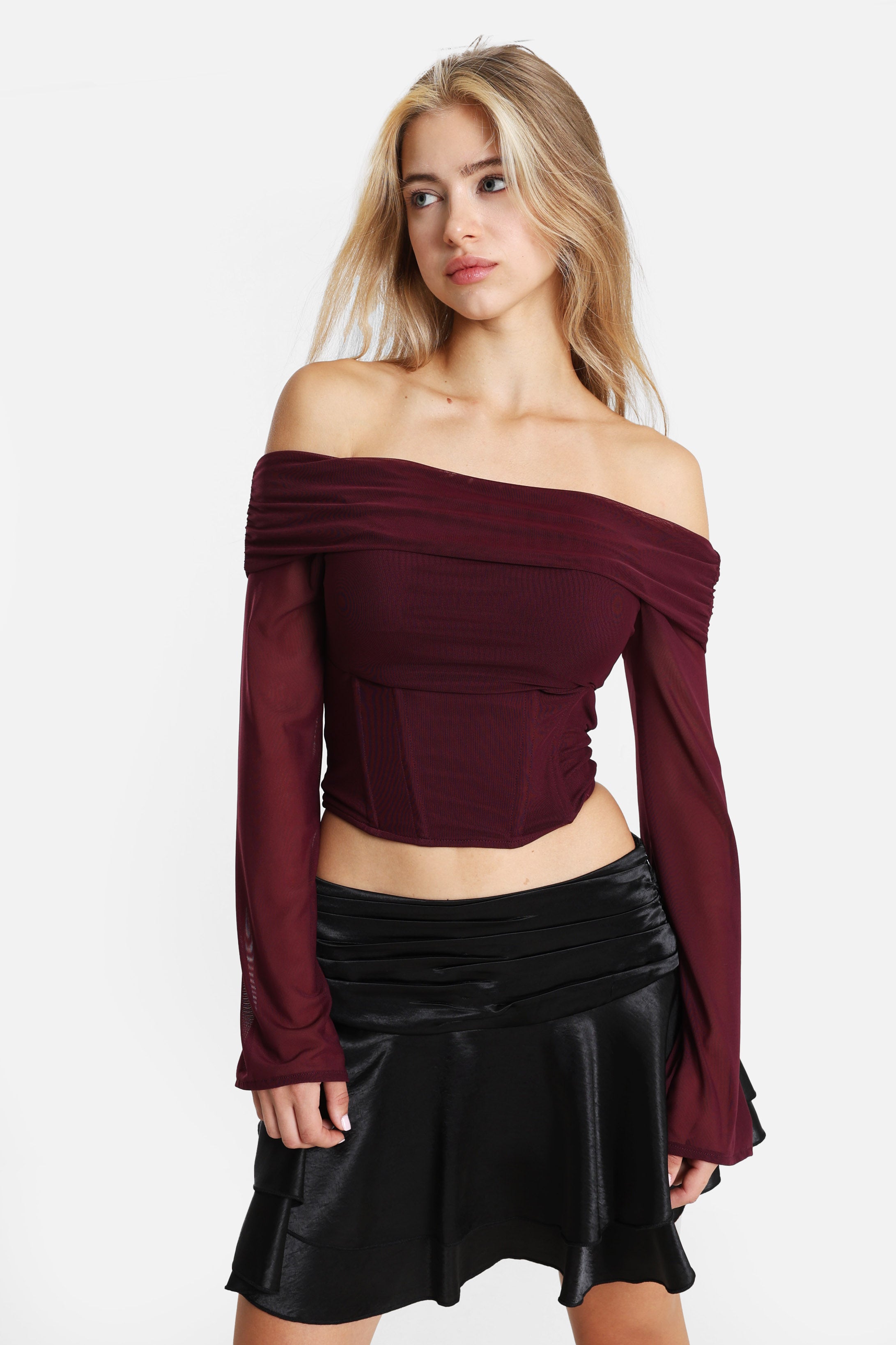 Shirt court off shoulder manches longues - Aubergine