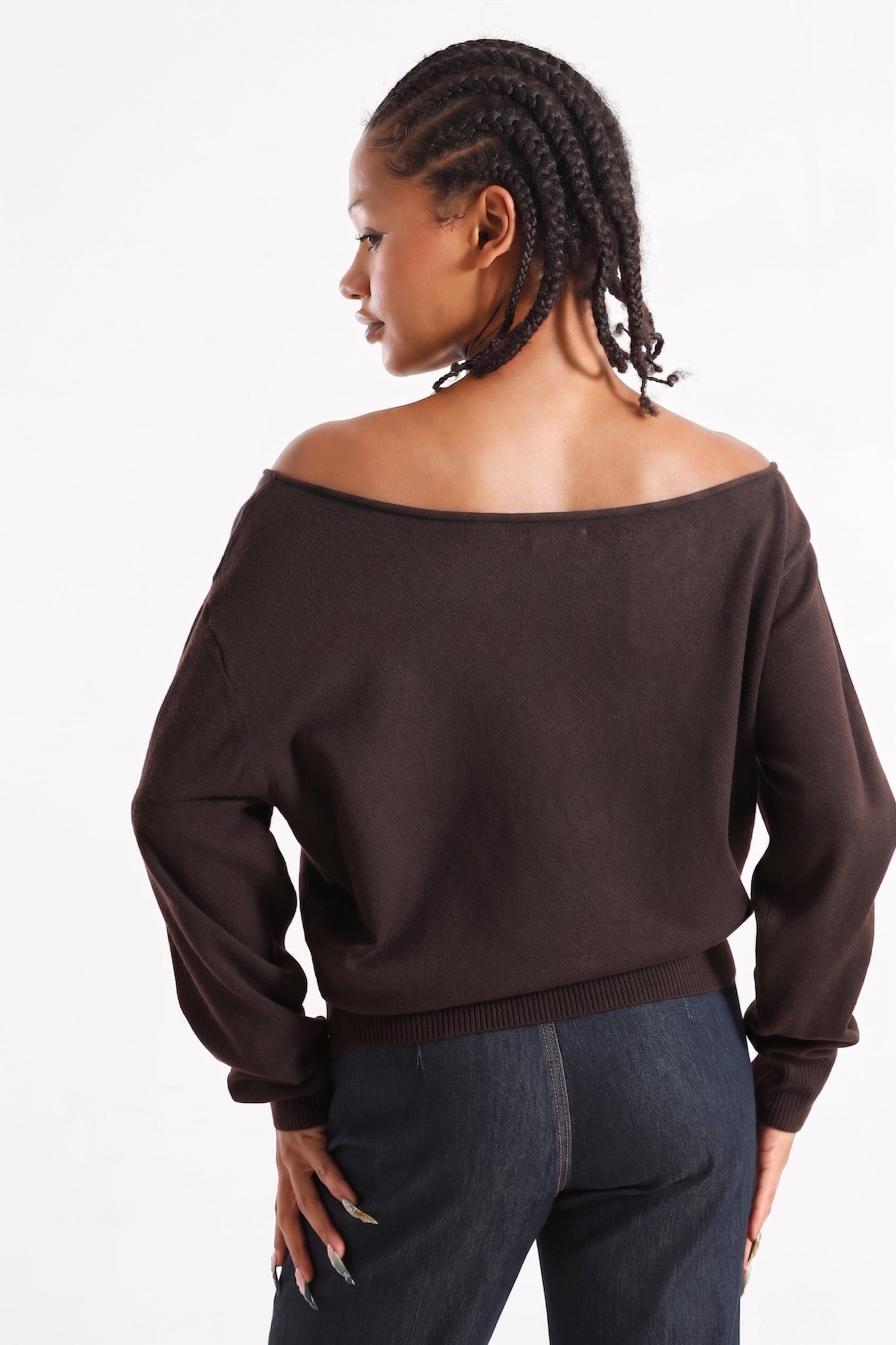 Maglione con scollo a barca in maglia - Brun foncé