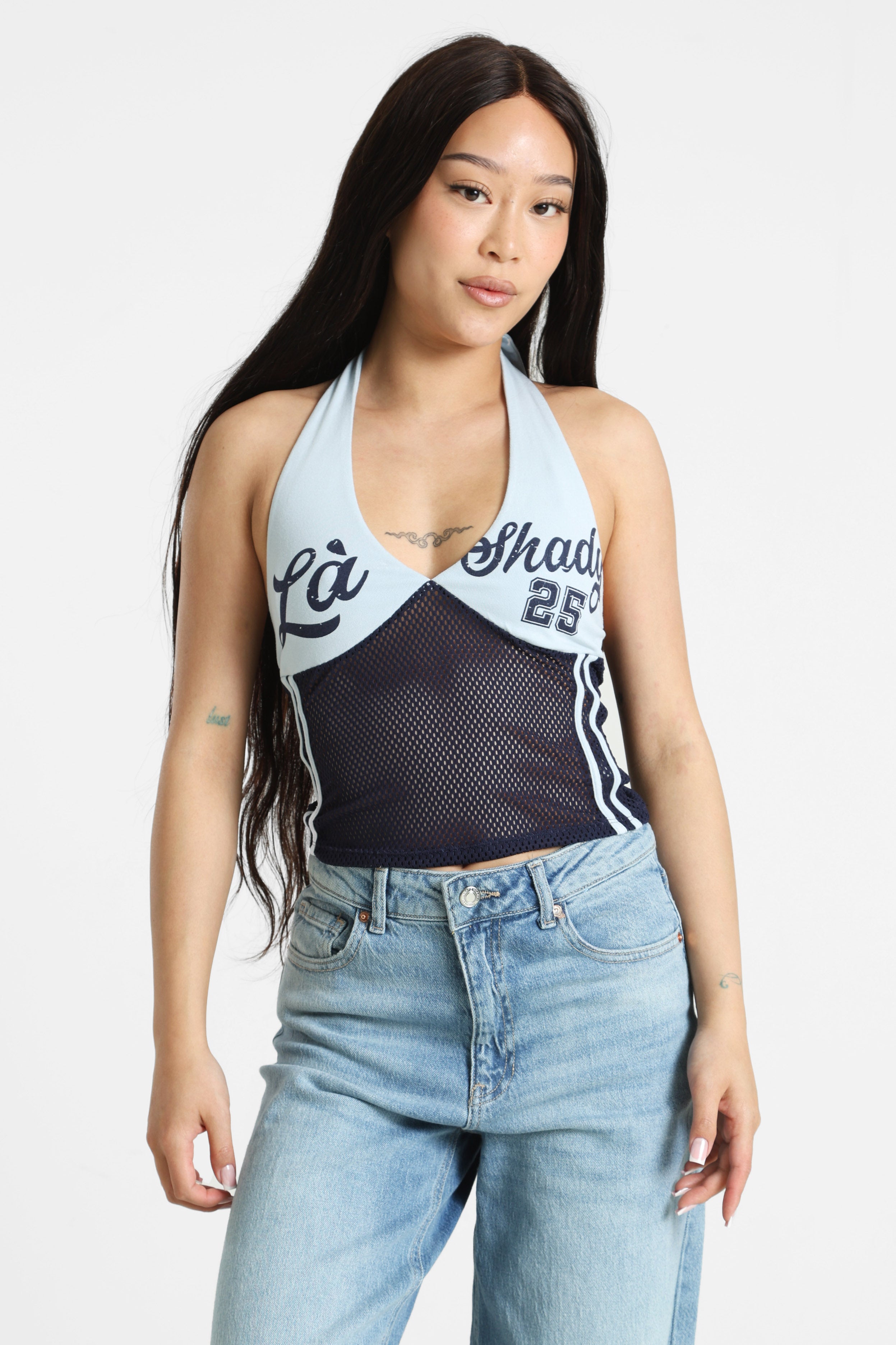 Top court dos nu en mesh - Bleu clair + Navy