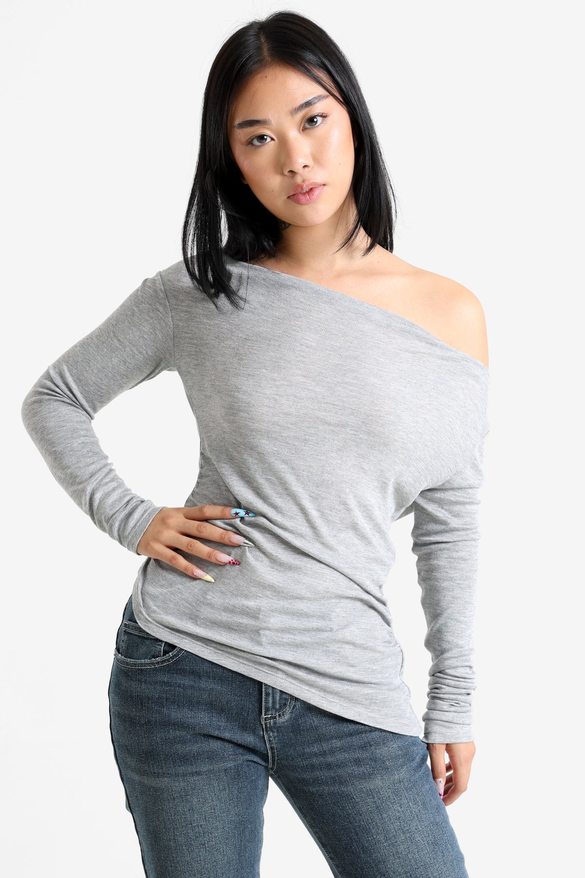Shirt off shoulder manches longues - Gris chiné