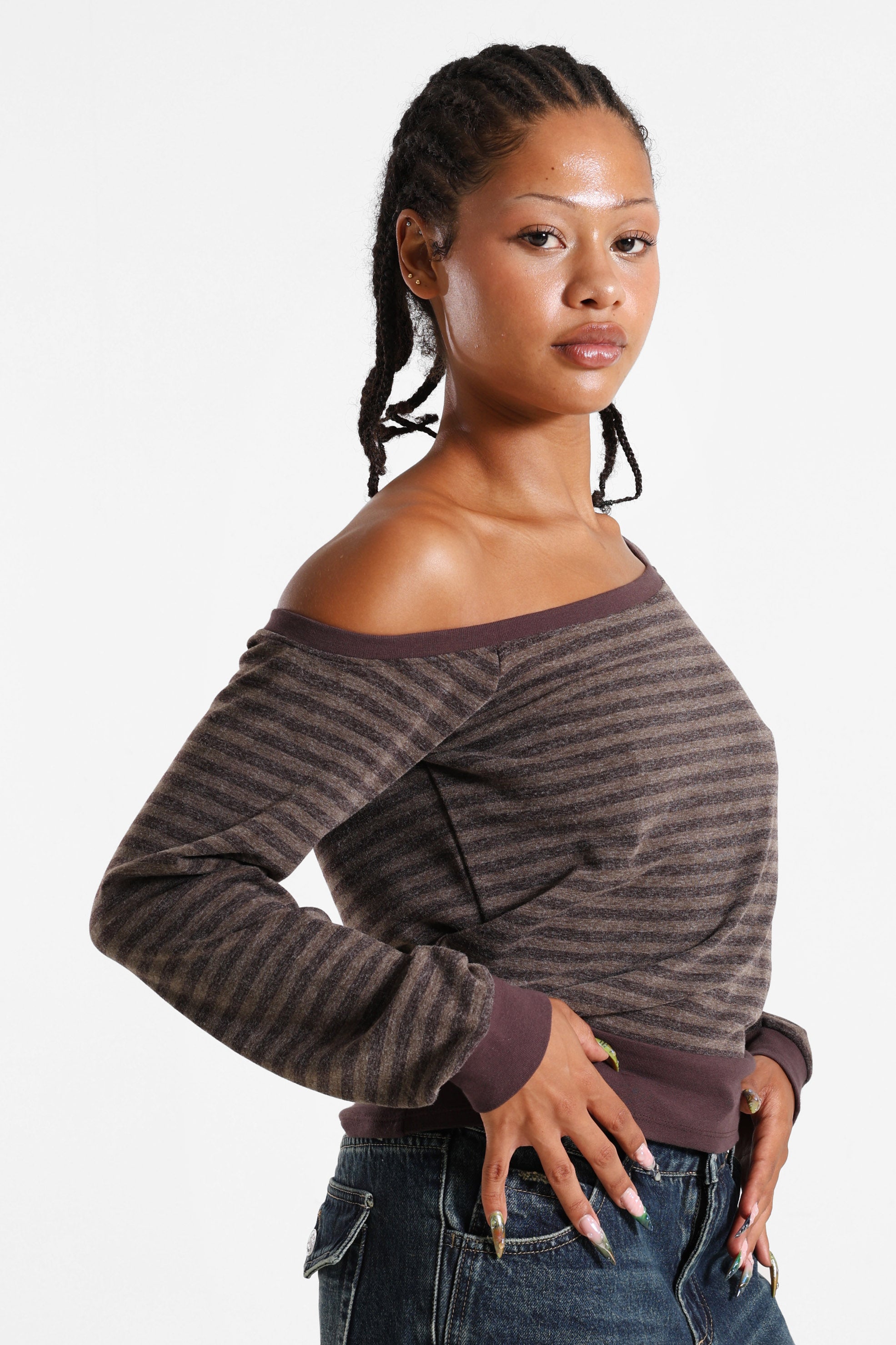 Camicia off shoulder maniche lunghe - Brun