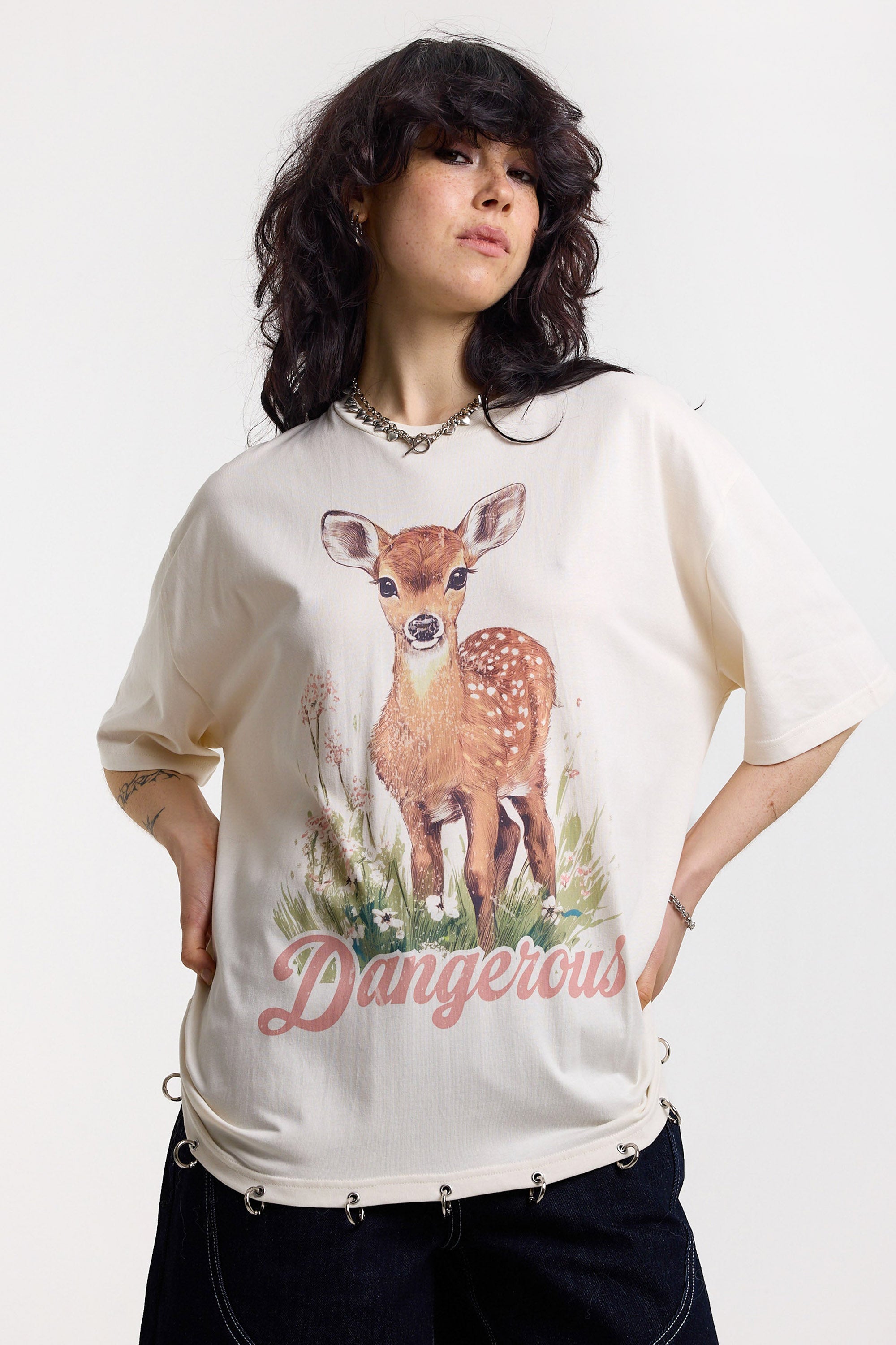 Deer Oversize T-Shirt mit Nieten - Light Beige