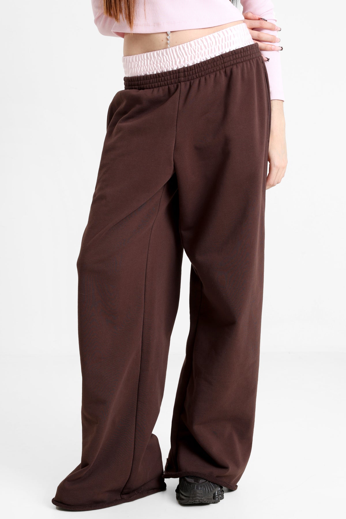 Wide Leg Sweathose - Dunkelbraun + Rosa