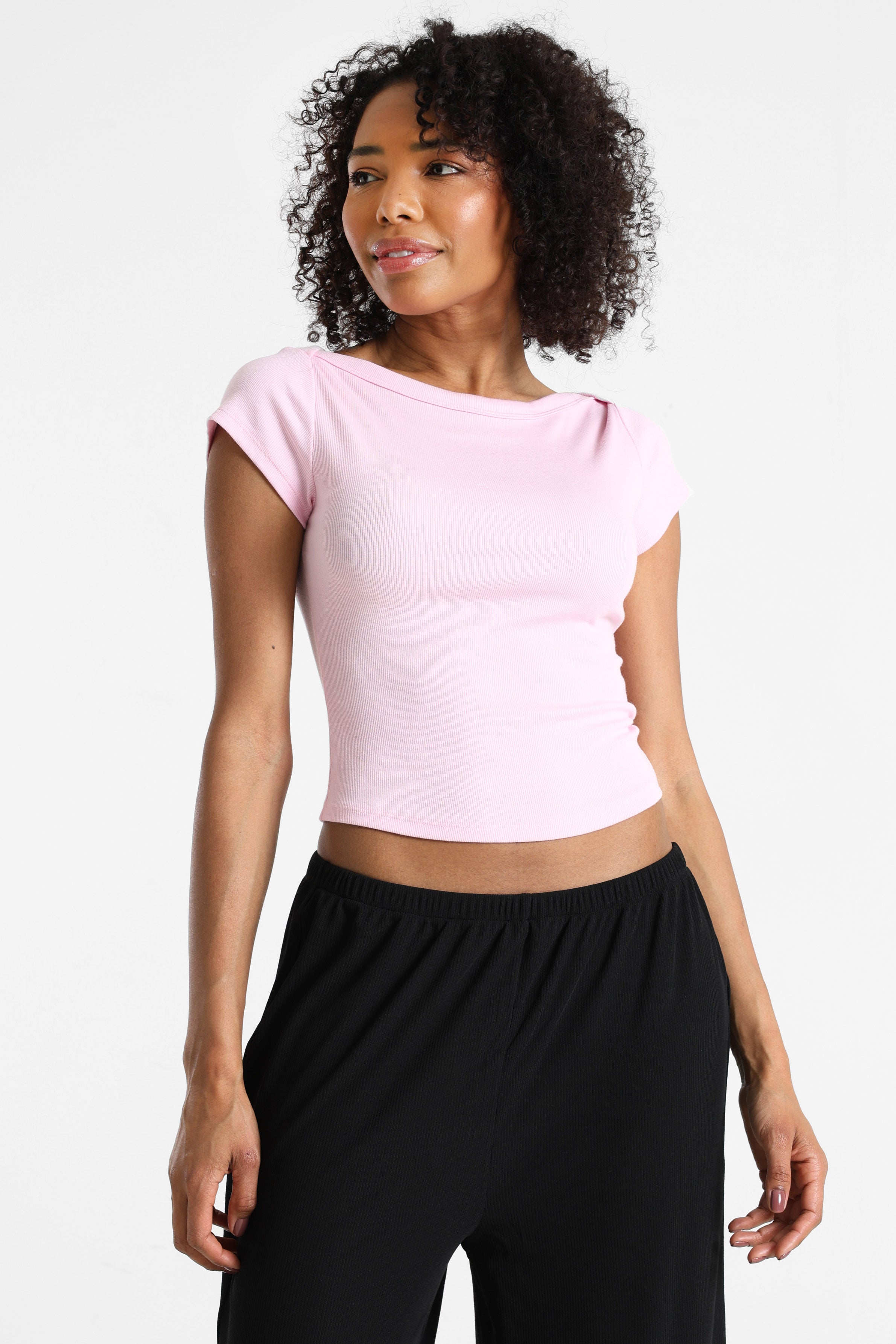 Geripptes Crop T-Shirt - Hell Pink