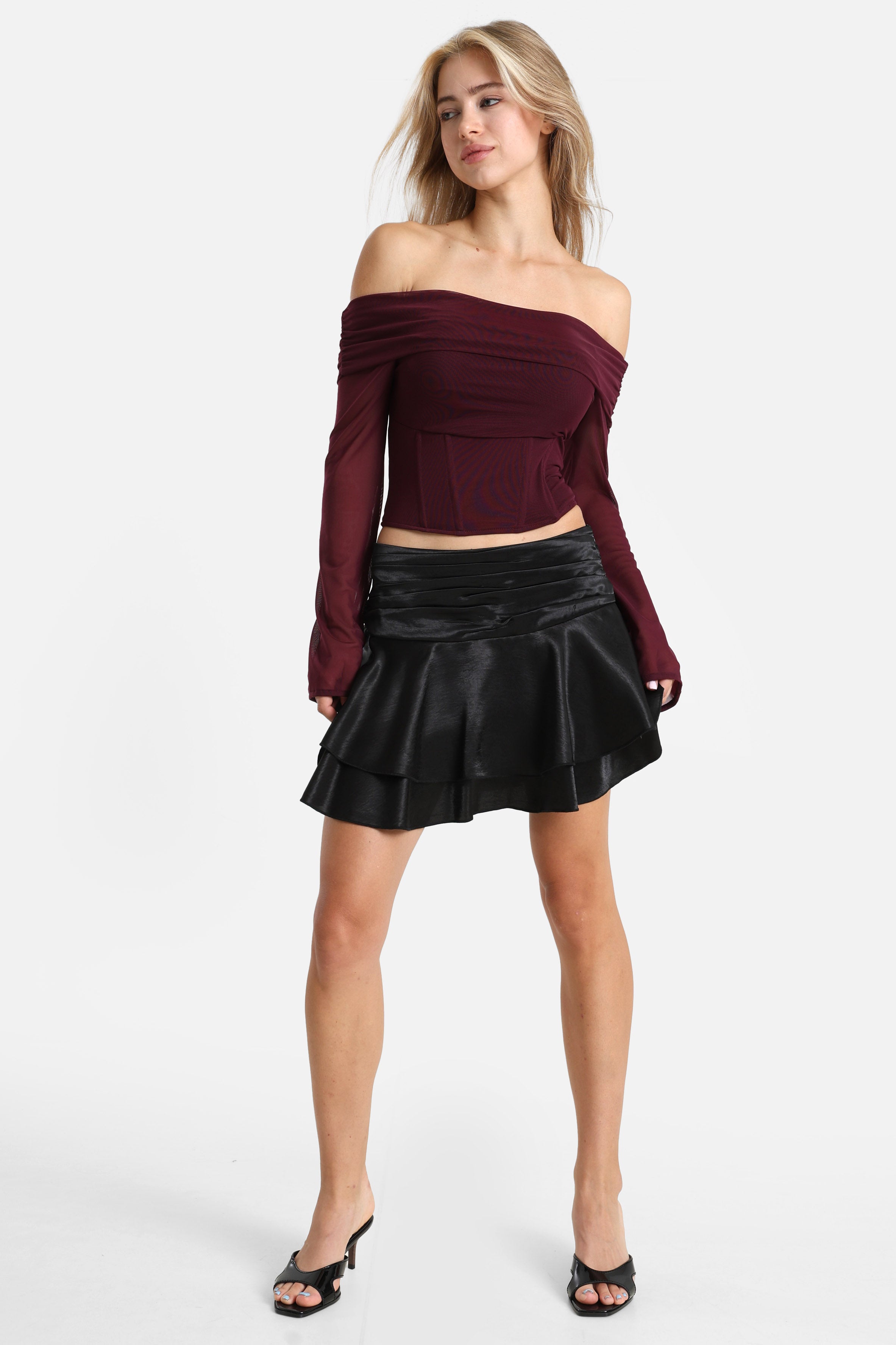 Off Shoulder Crop Langarmshirt - Aubergine