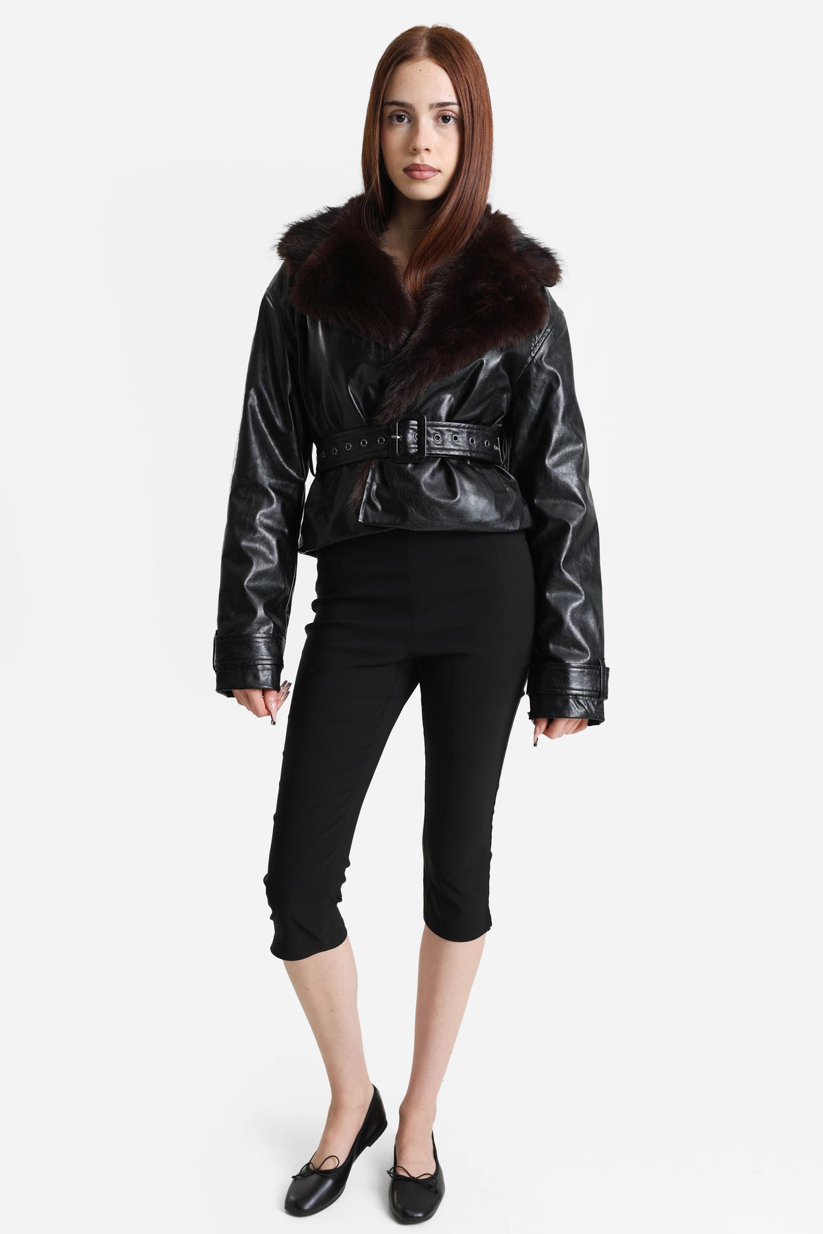 Short faux leather jacket - Black + Brun foncé