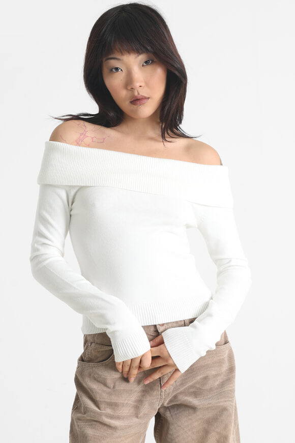 Crop Off Shoulder Feinstrickpullover - Offwhite