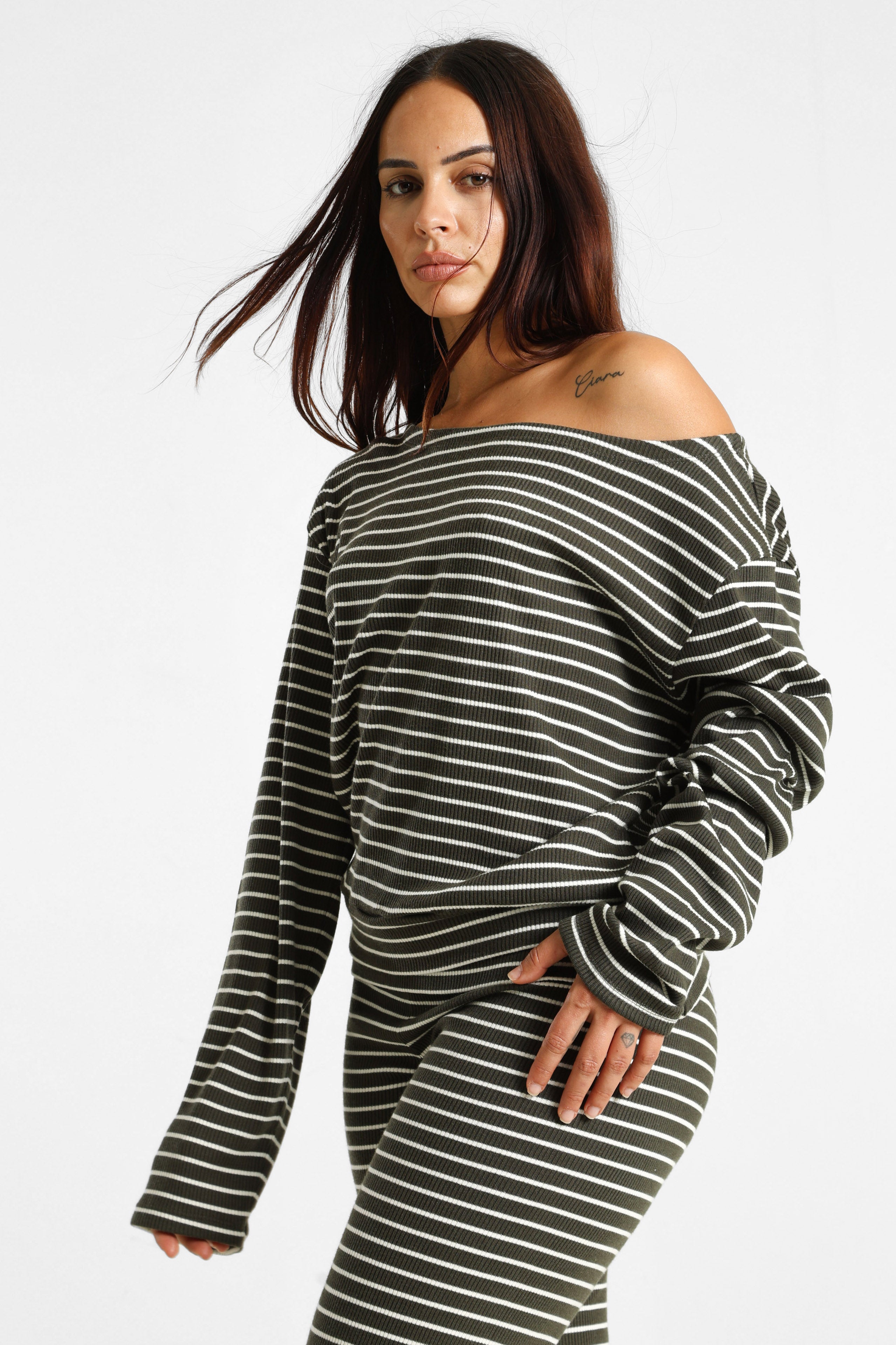Camicia a coste maniche lunghe - Verde scuro + Ecru