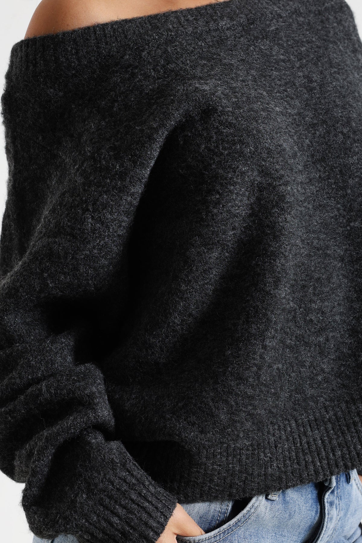 Off-shoulder knitted sweater - Anthracite chiné