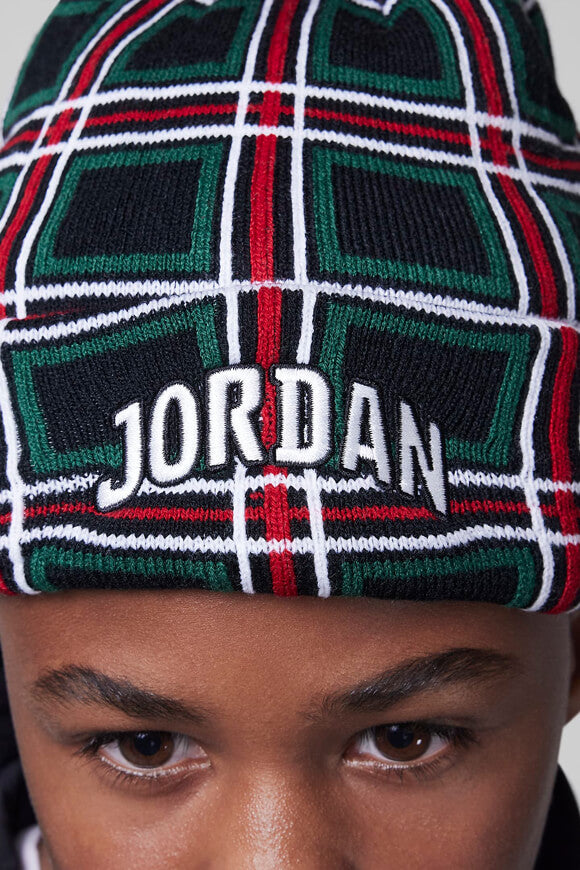 Holiday Plaid Pom-Beanie - Black + Dark Green + Red