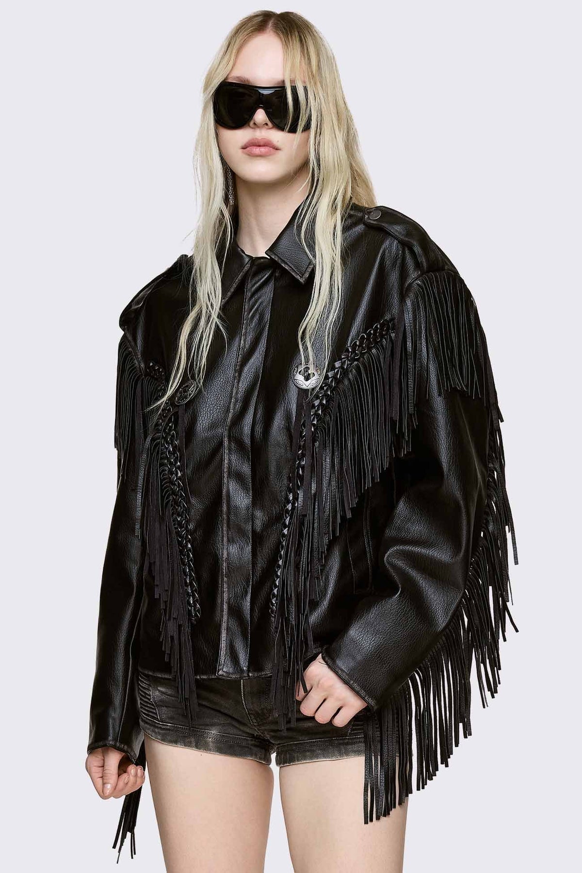 Nomad giacca biker in ecopelle con frange - Black