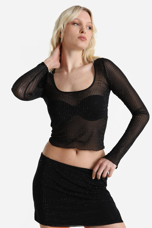 Crop Langarmshirt mit Strass - Black