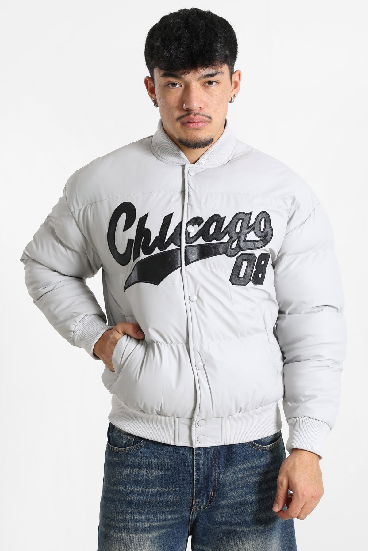 Puffer Kunstlederjacke - Light Grey + Black