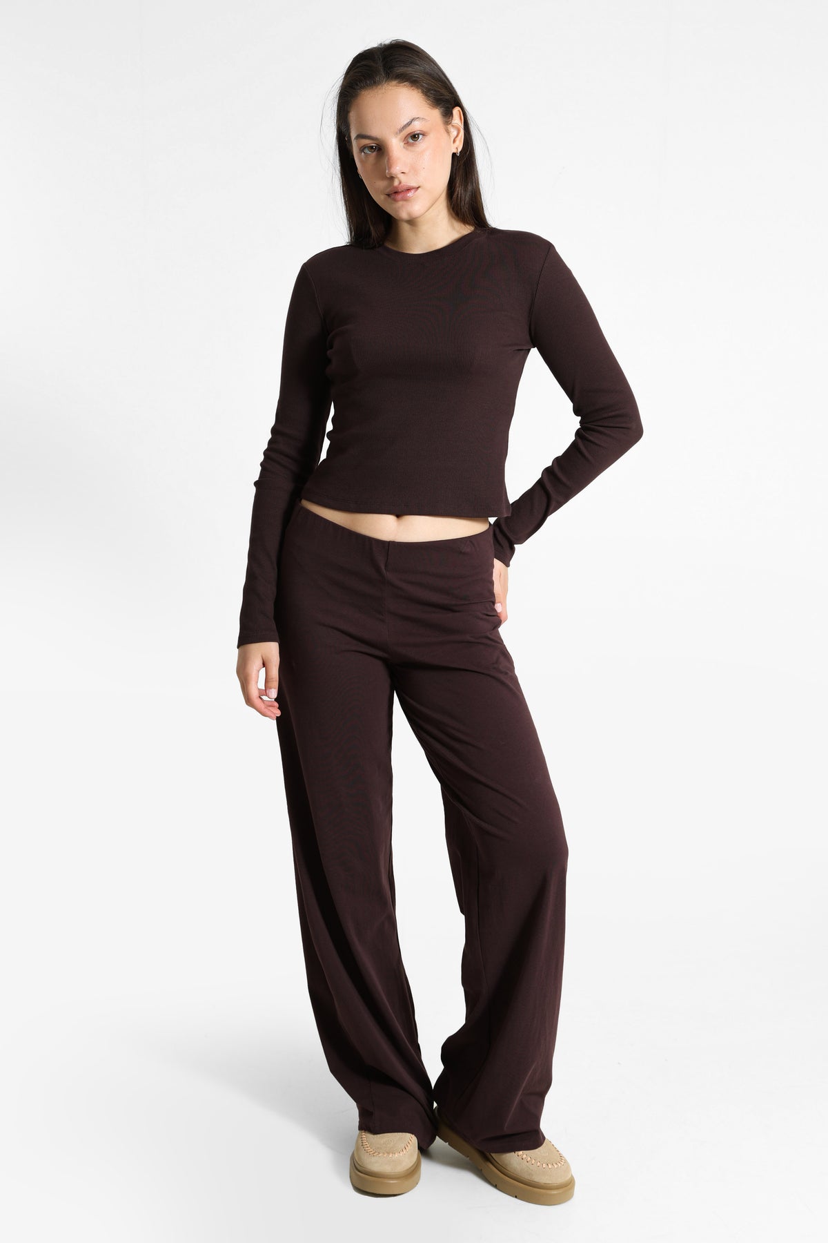 Ribbed long-sleeve cropped shirt - Brun