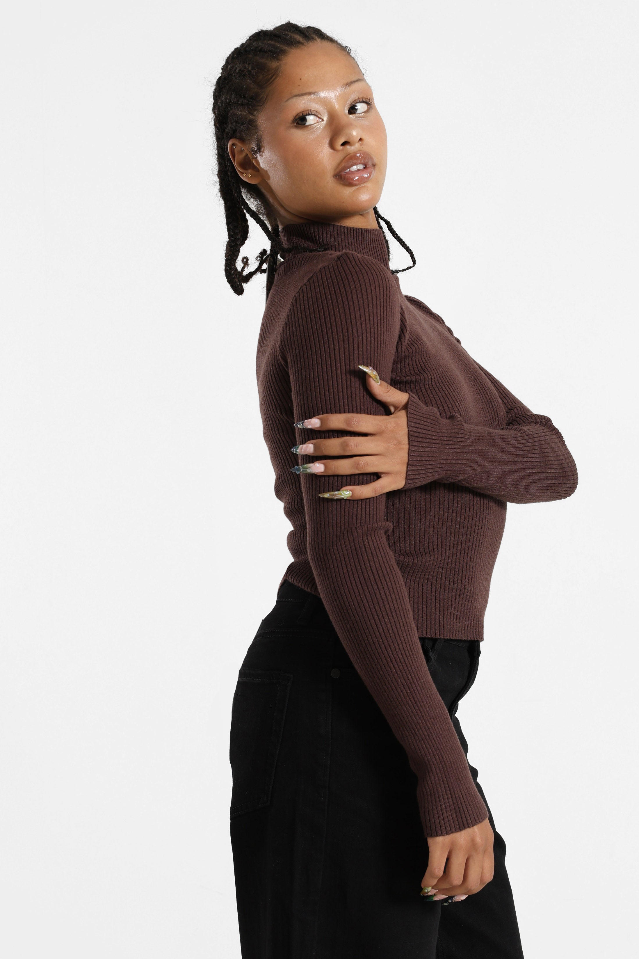 Maglione corto in maglia a coste - Brun foncé