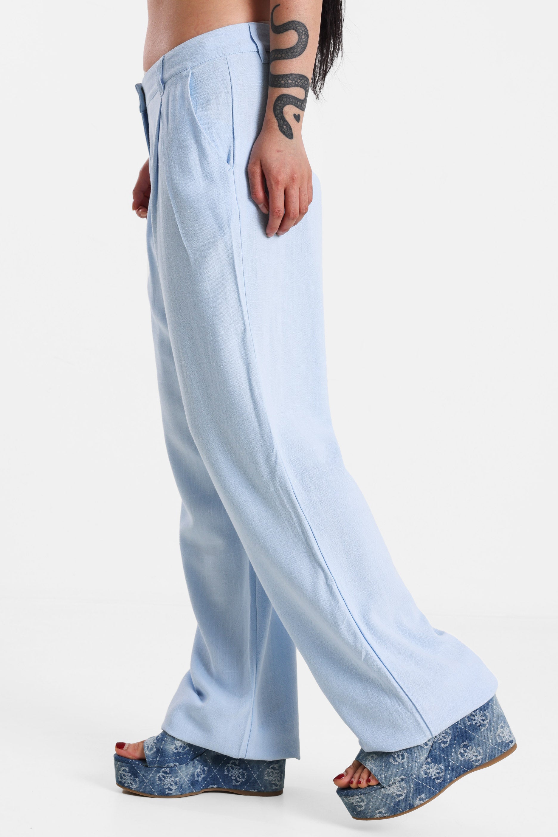 Wide Leg Leinenhose - Hellblau