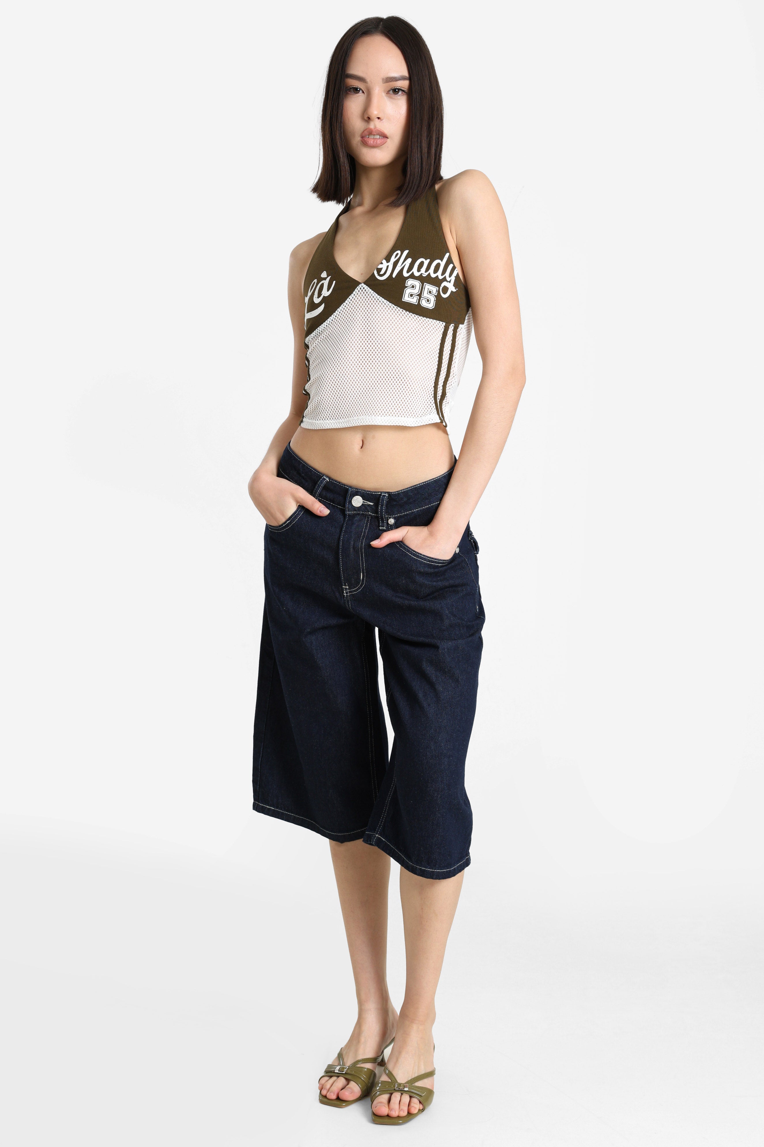 Mesh Neckholder Crop Top - Kaki + Weiss