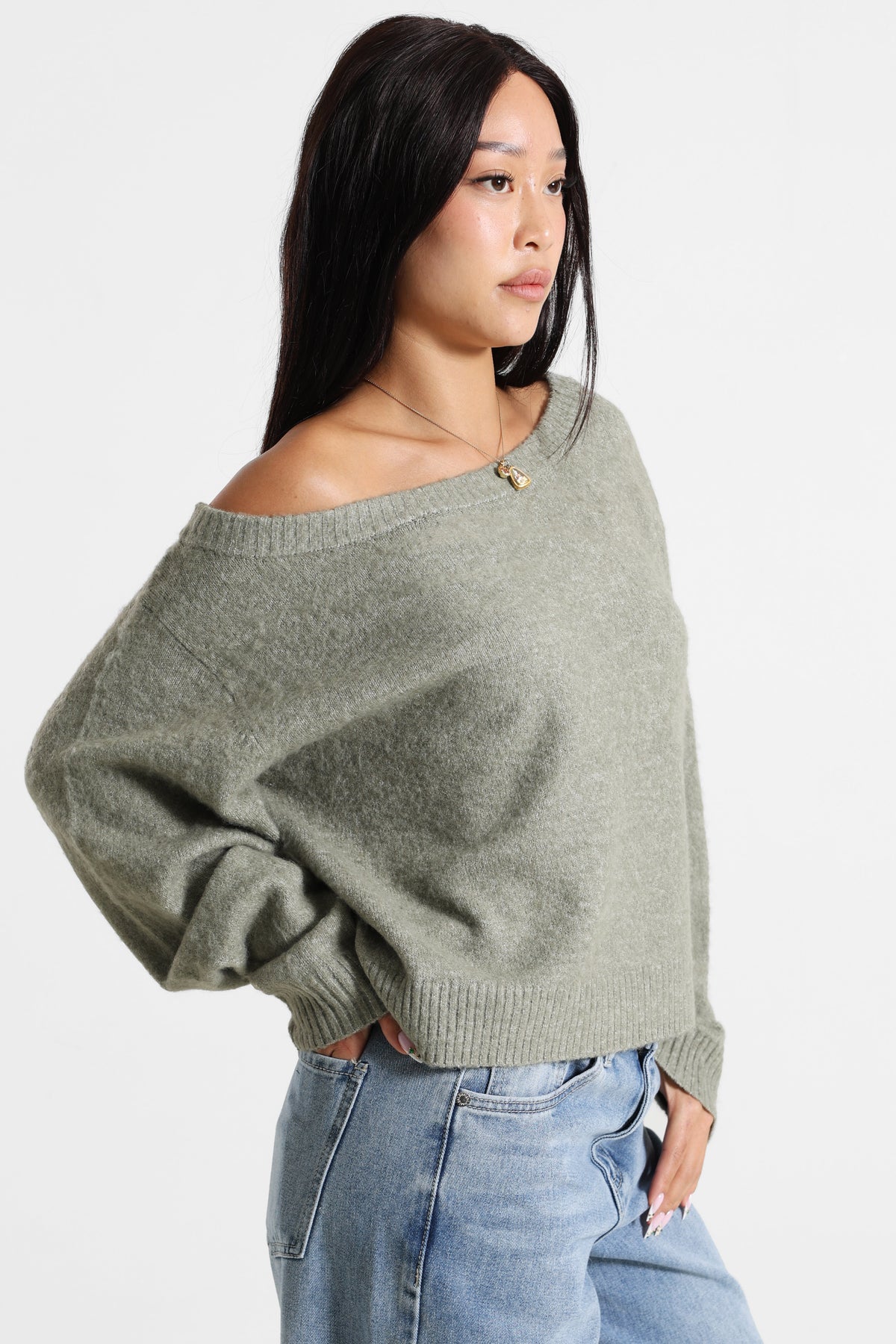 Off-shoulder knitted sweater - Heather khaki