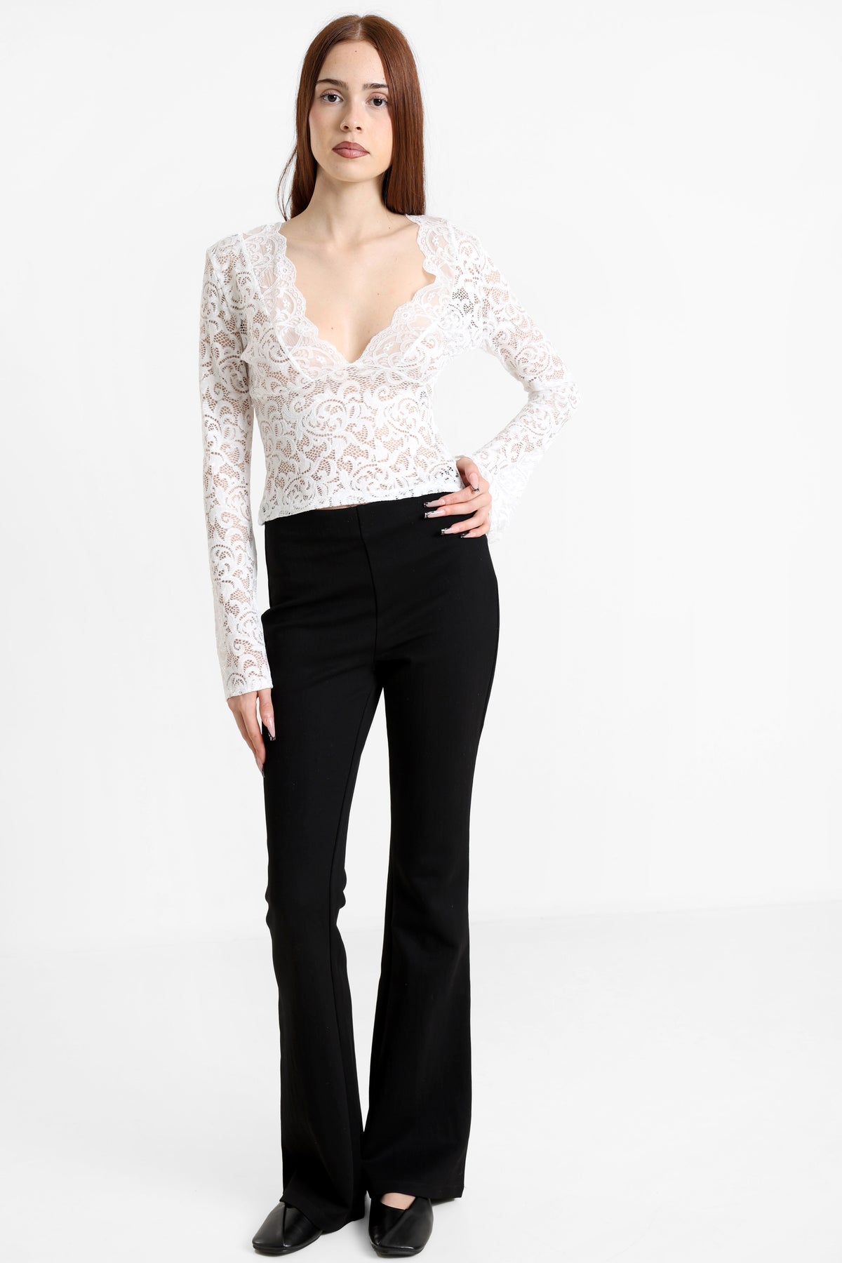 Crop Spitzen Langarmshirt - Offwhite