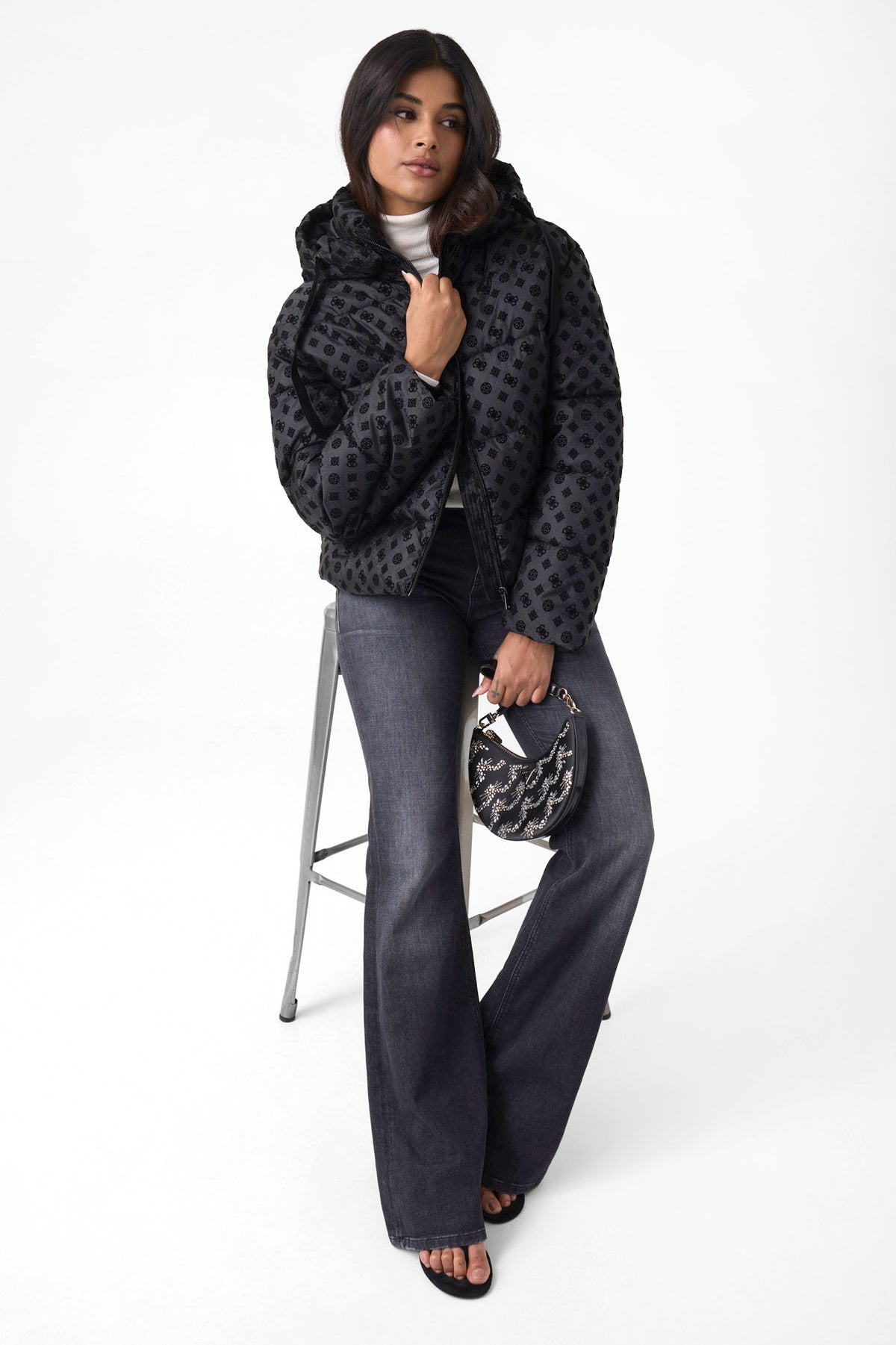 Crop Puffer Bomberjacke - Jet Black