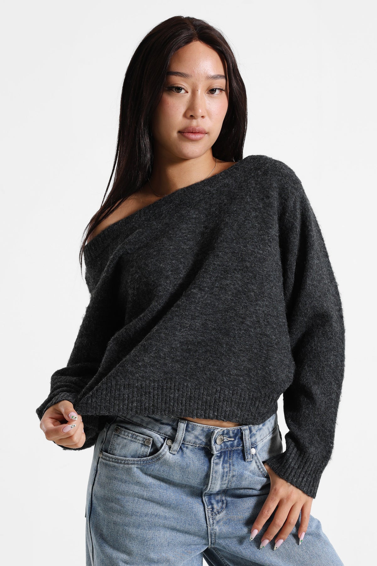 Off-shoulder knitted sweater - Anthracite chiné