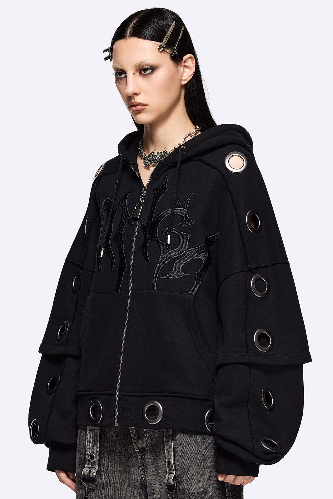 Hexa Oversize Hooded Sweat Jacket - Black