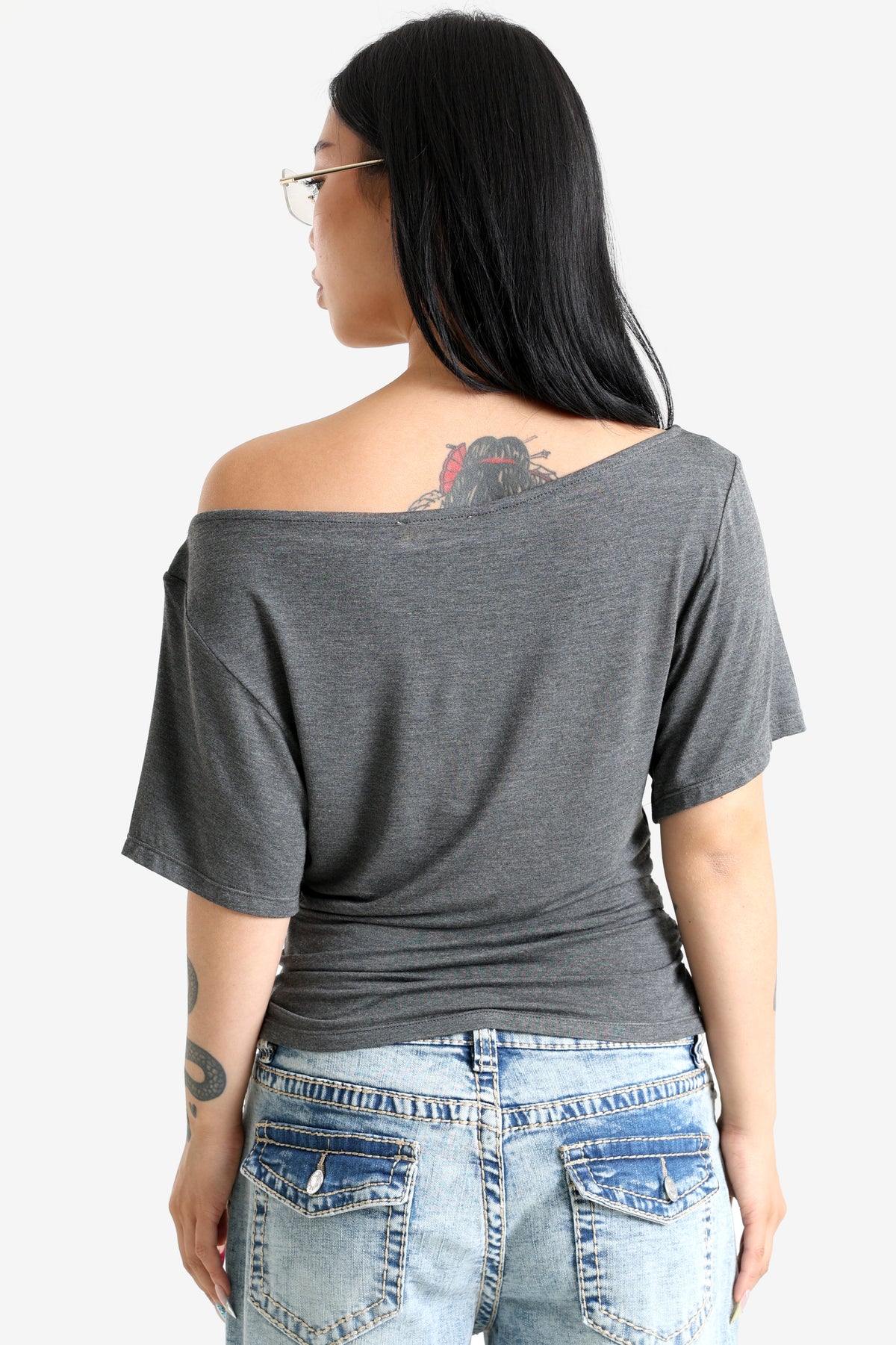 Off Shoulder T-Shirt - Dunkelgrau meliert