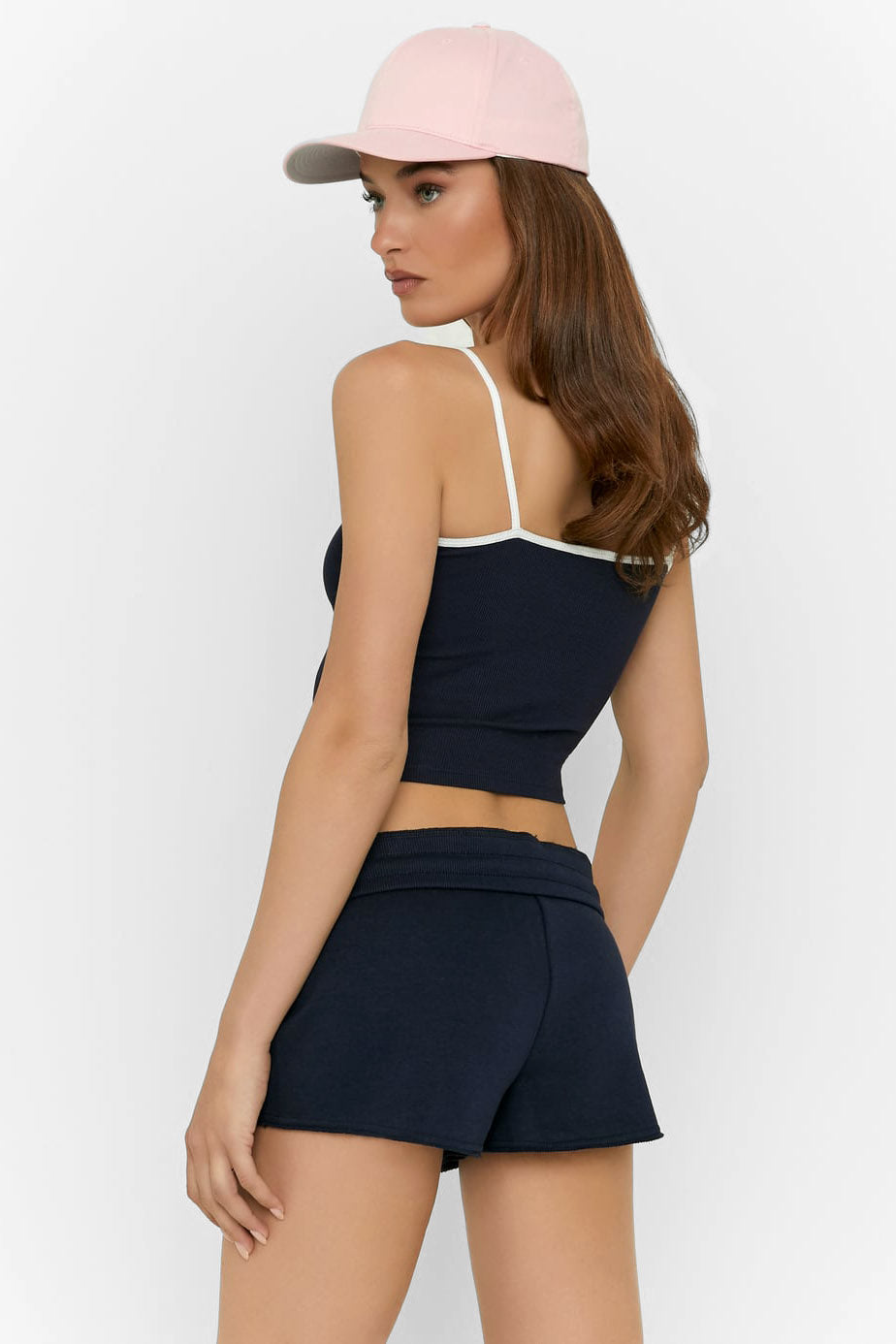 Top corto a coste con spalline - Navy + White