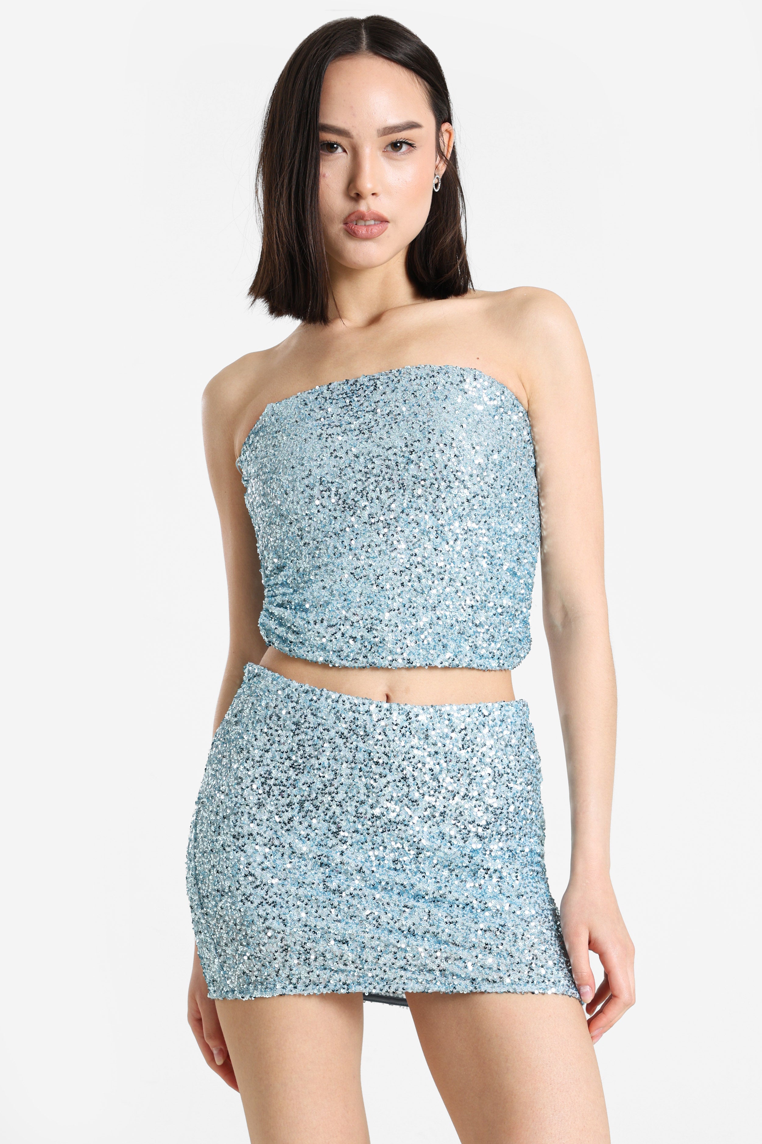 Pailletten Bandeau Crop Top - Hellblau