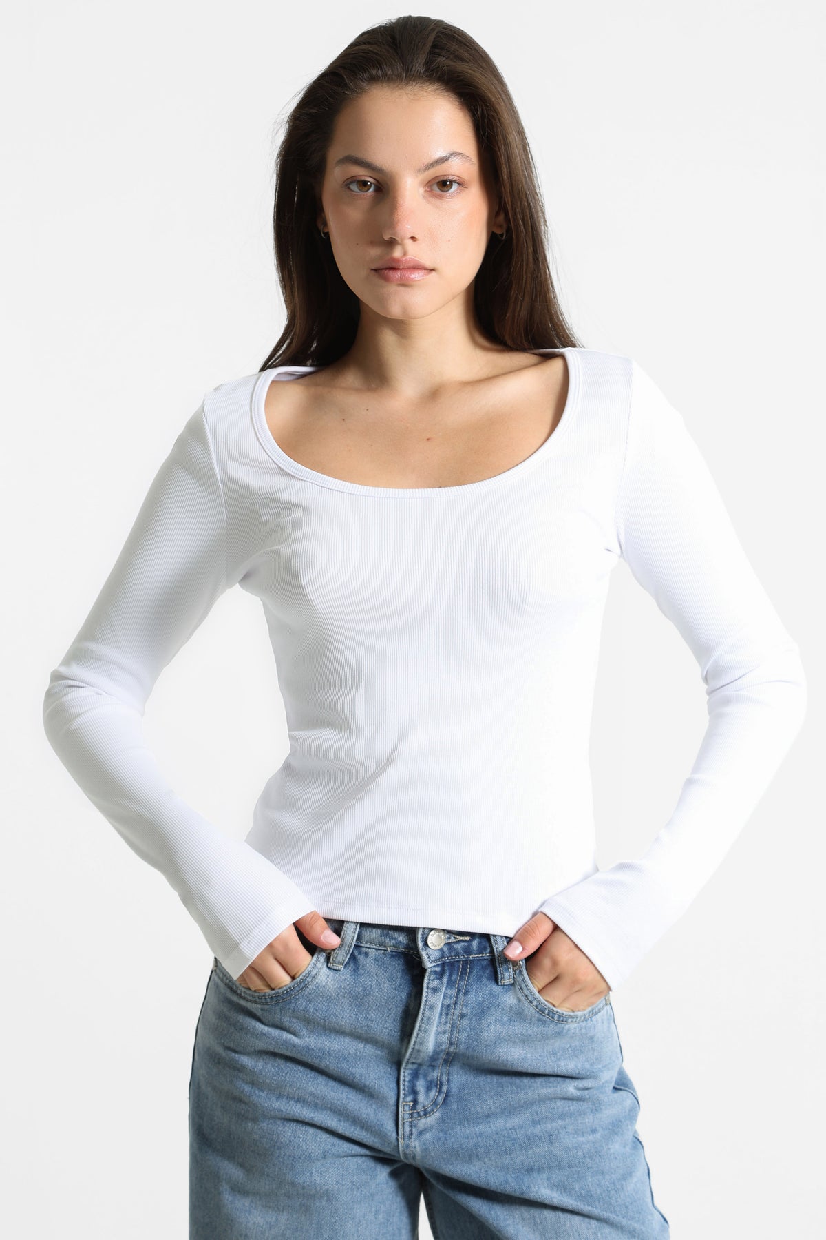 Geripptes Langarmshirt - Weiss