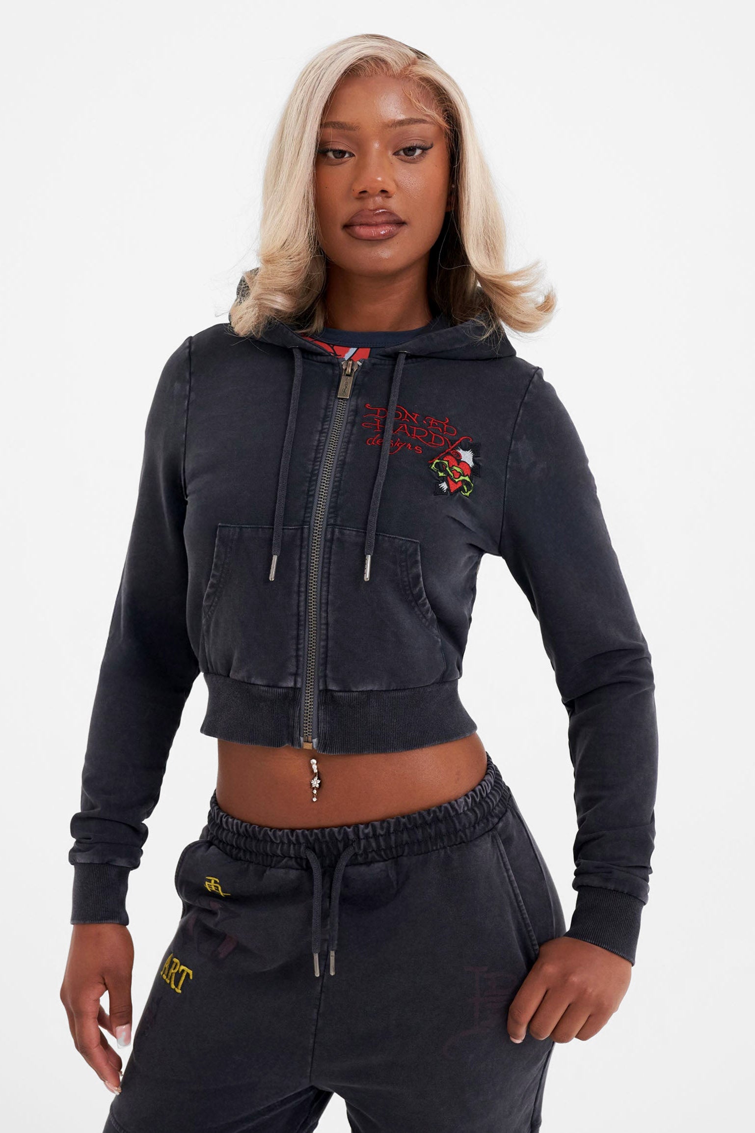 Crop Kapuzensweatjacke - Black Washed