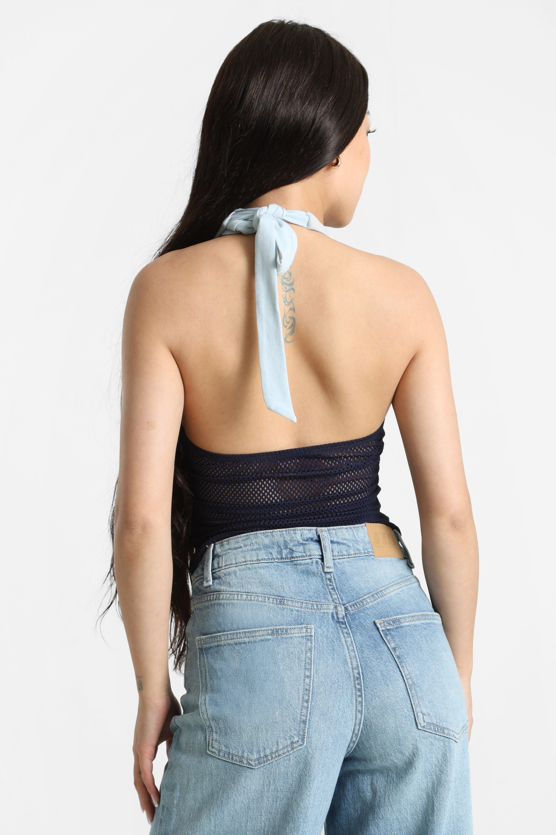 Top court dos nu en mesh - Bleu clair + Navy
