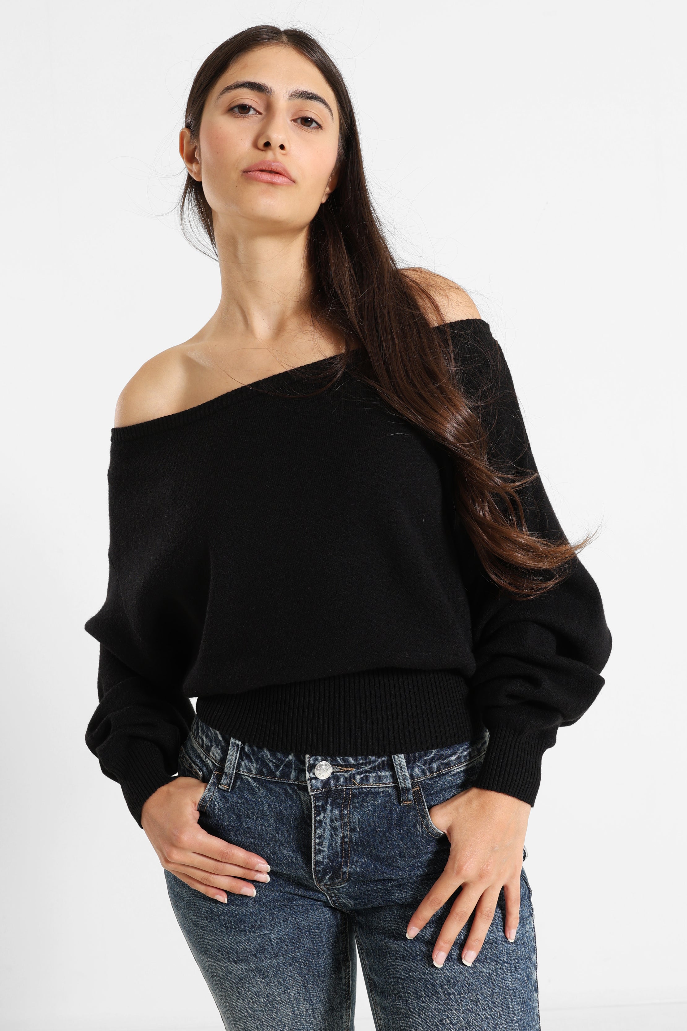 Pull off shoulder en tricot - Noir