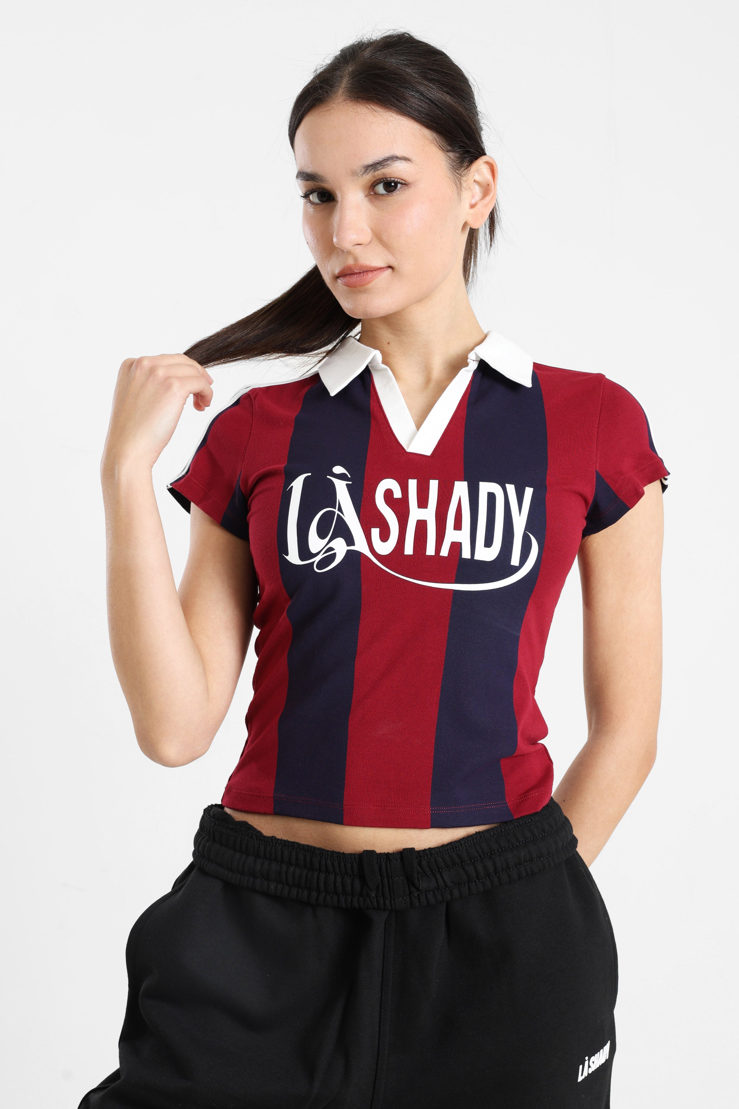 Crop Poloshirt - Dunkelblau + Rot