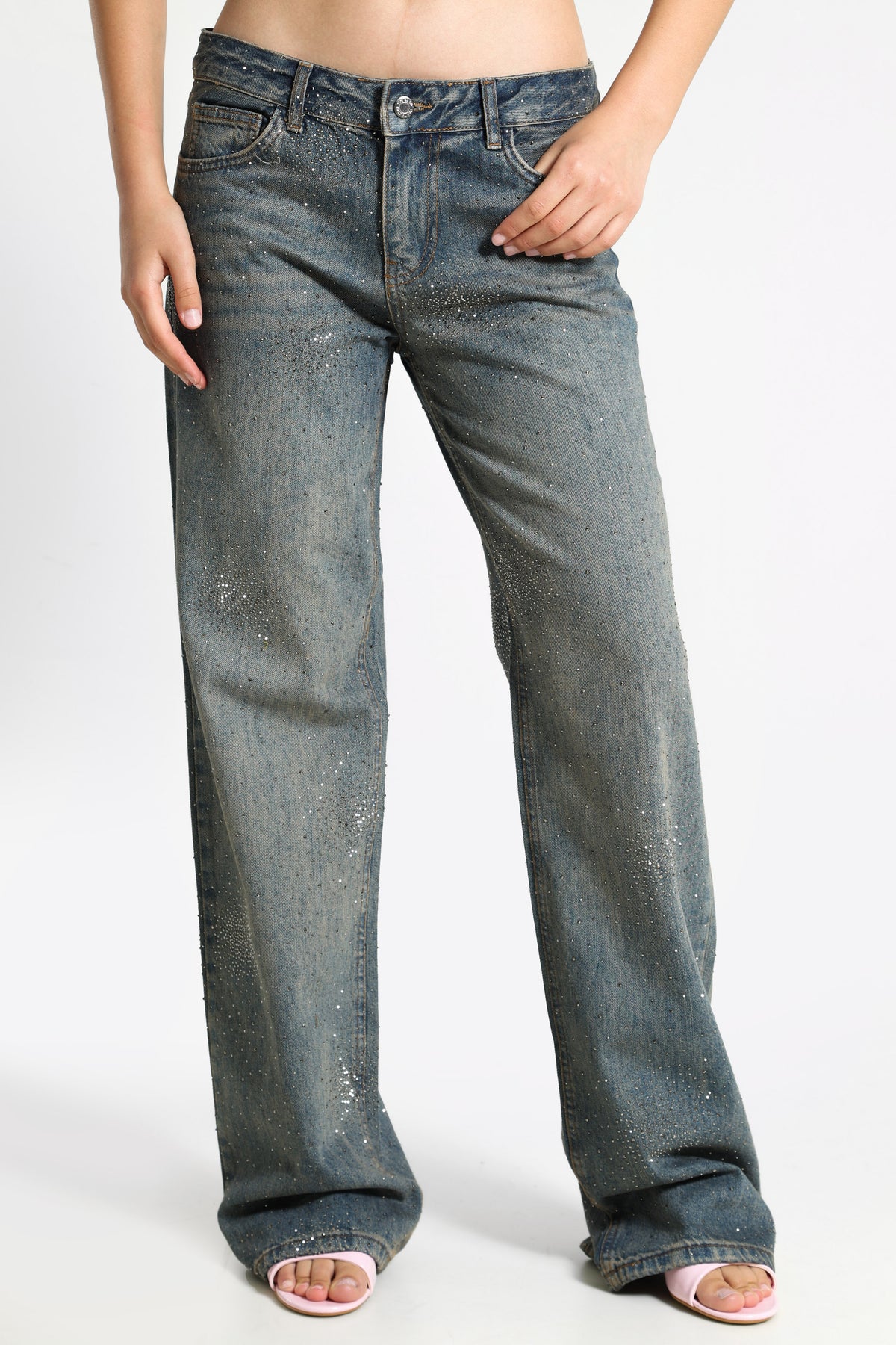 Wide Leg mit Strass - Medium Blue Denim
