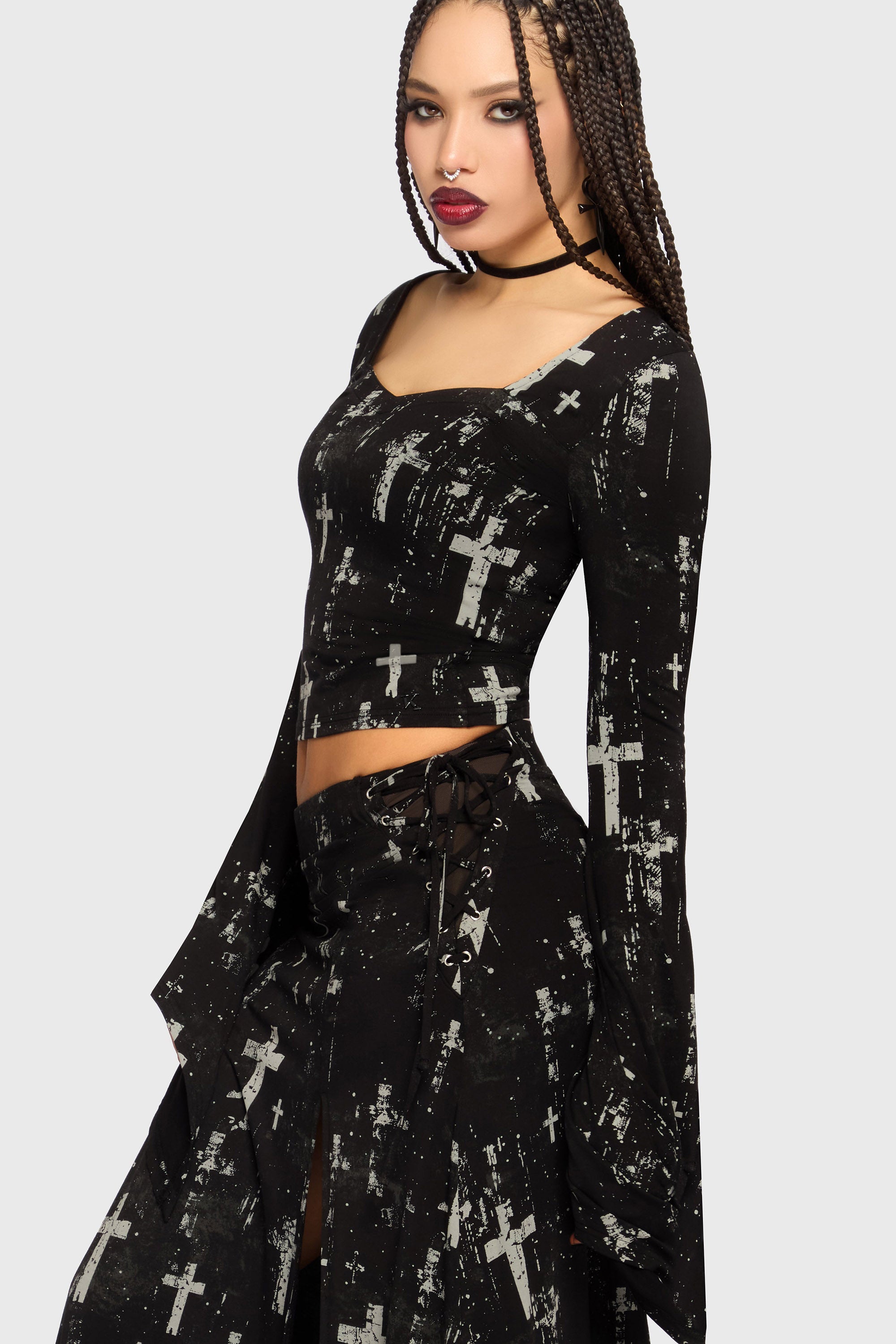 Tenebris Crop Langarmshirt - Black + Grey