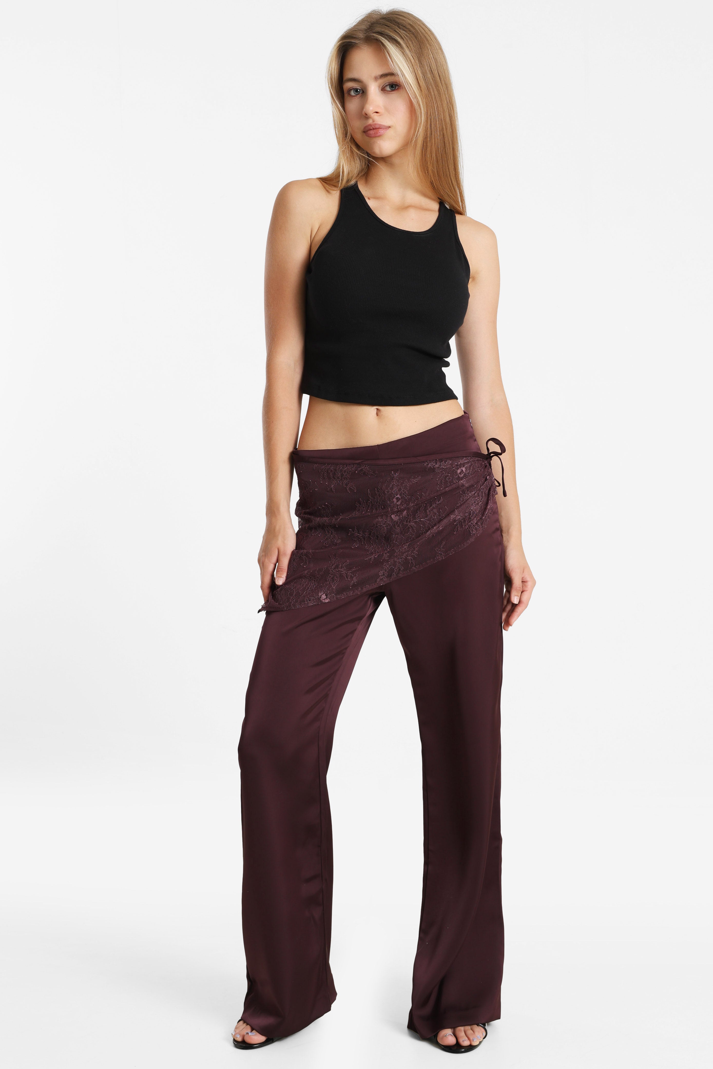 Satin Hose mit Foulard - Aubergine