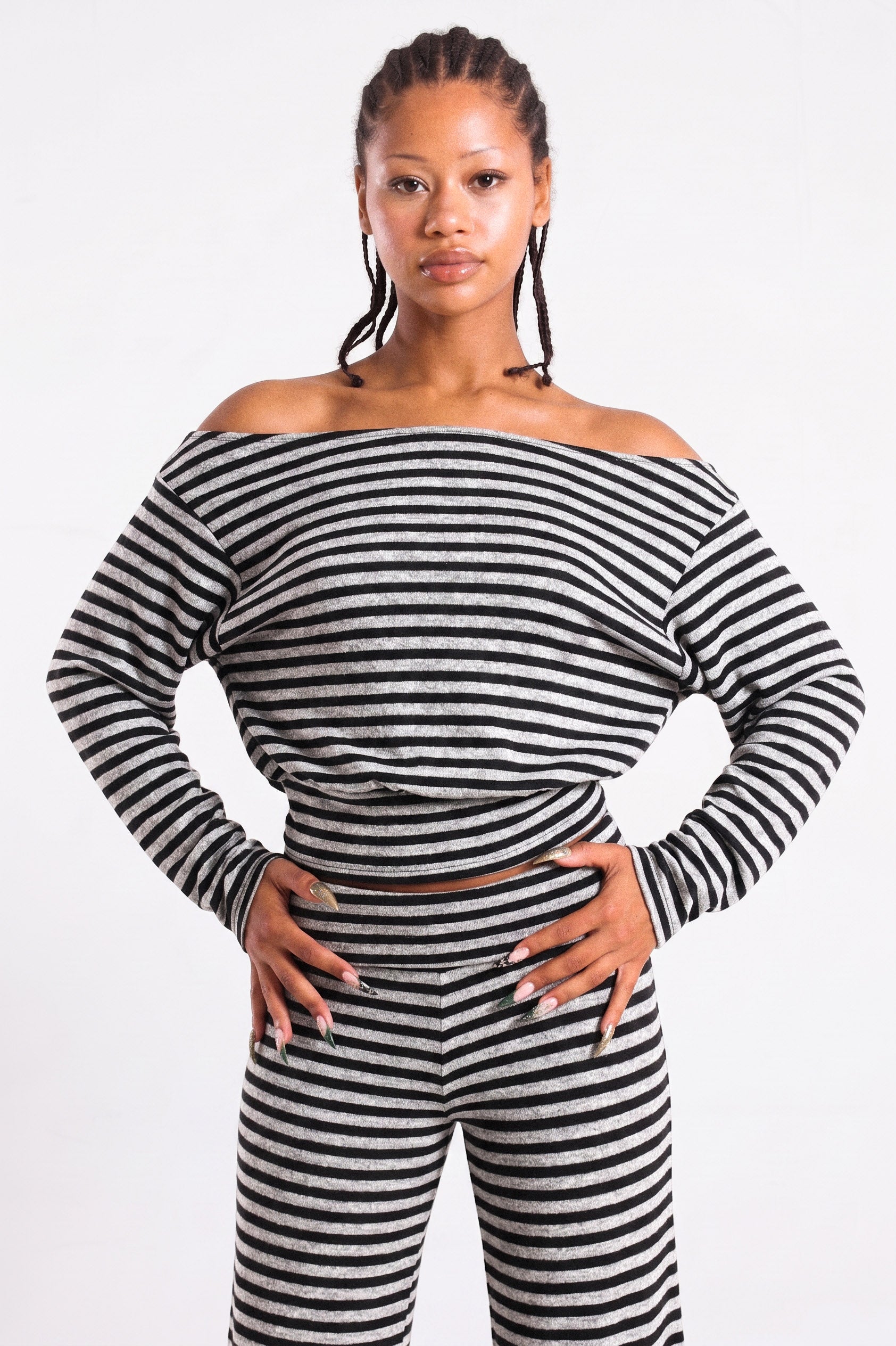 Off Shoulder Strickpullover - Schwarz + Grau meliert