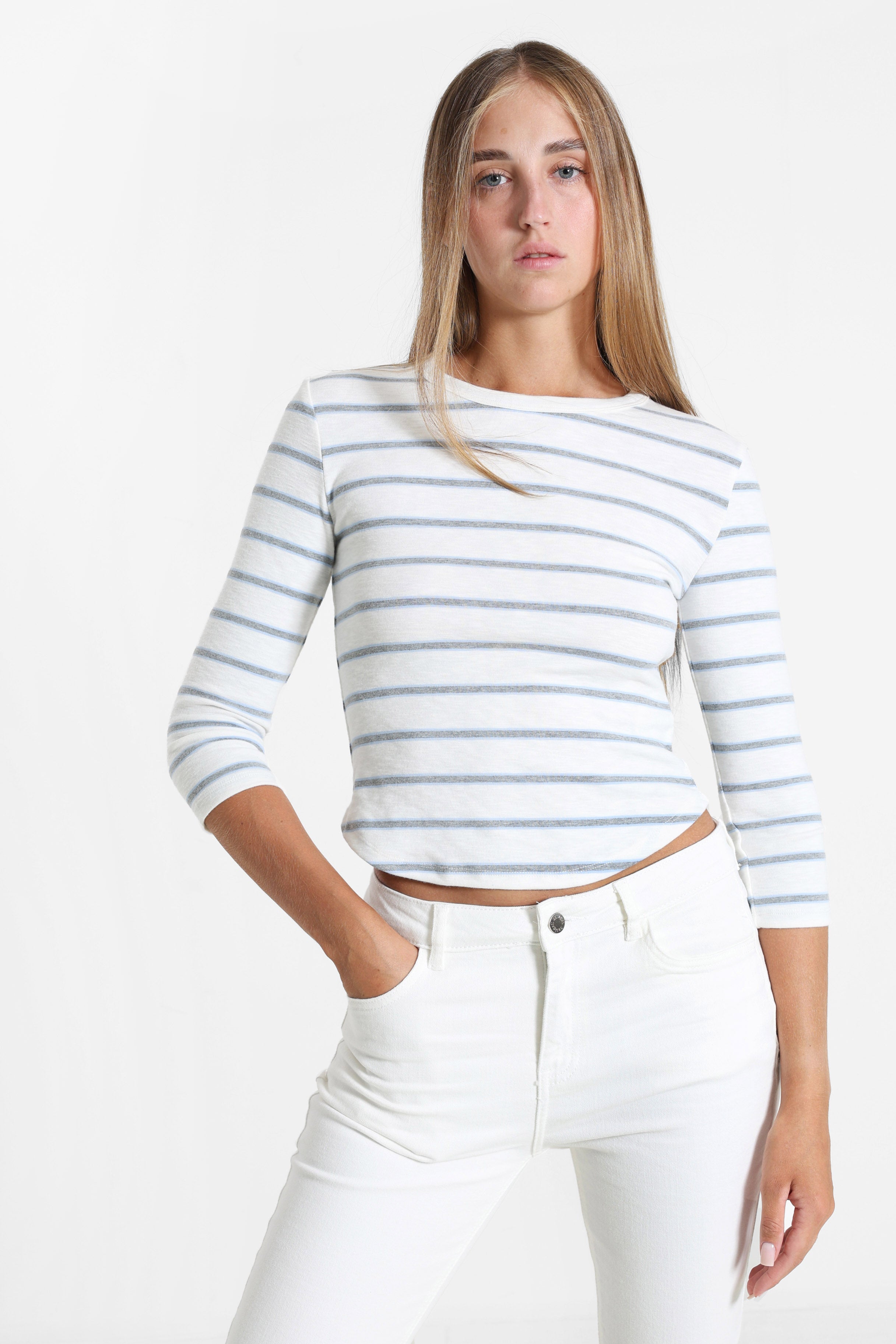 Cropped long-sleeve shirt - Offwhite + Light Blue + Grey