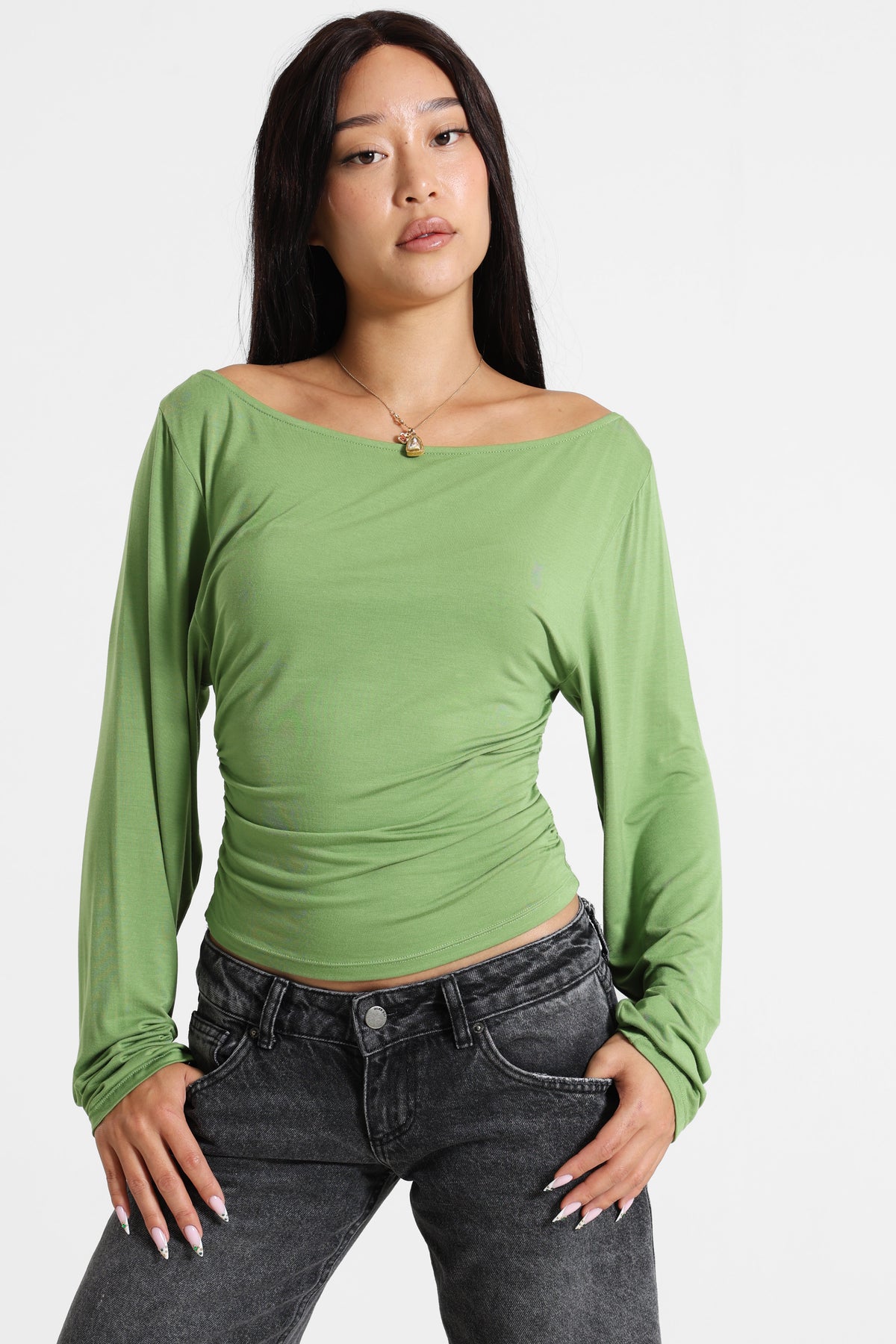 Camicia corta off shoulder maniche lunghe - Verde Matcha